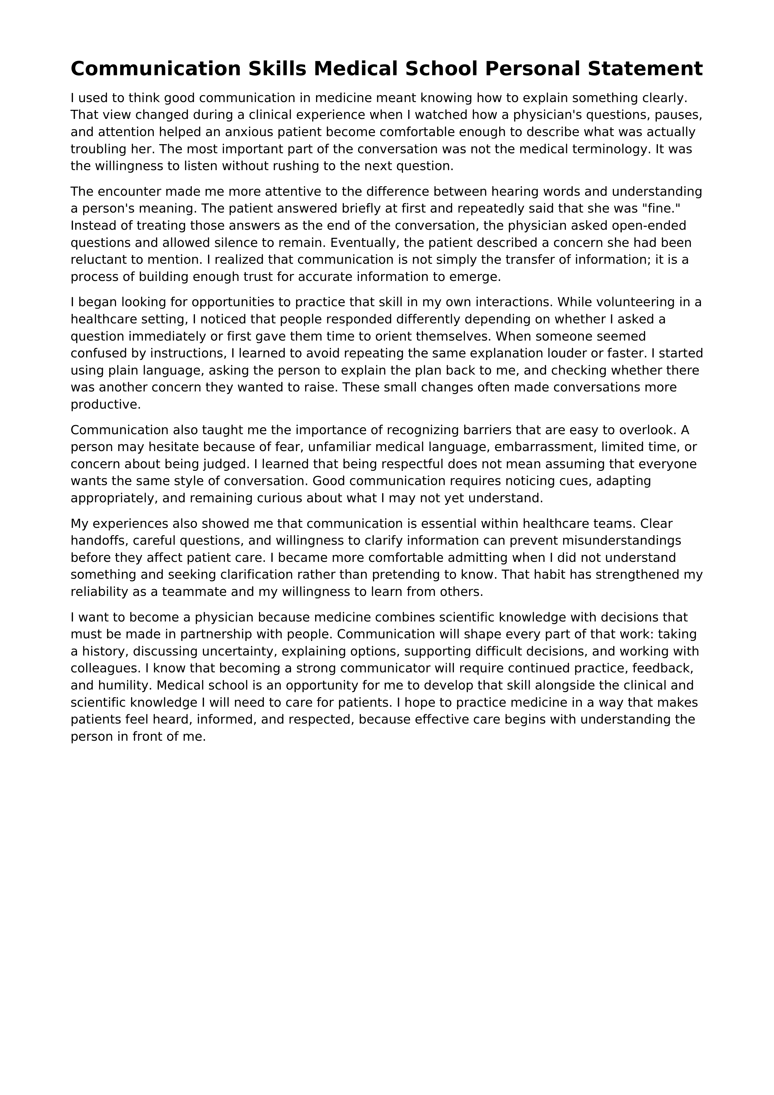 Communication Skills Medical School Personal Statement — page 1