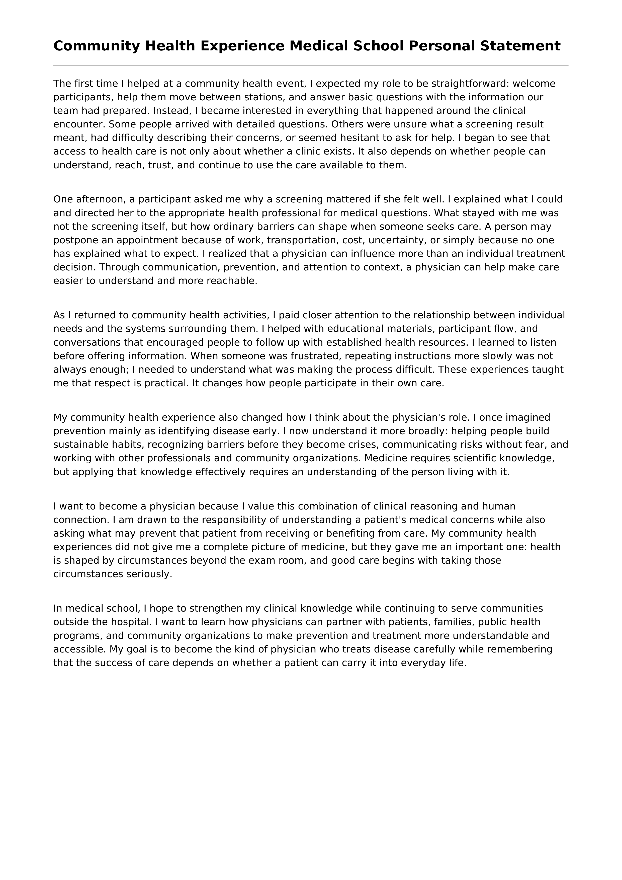 Community Health Experience Medical School Personal Statement — page 1