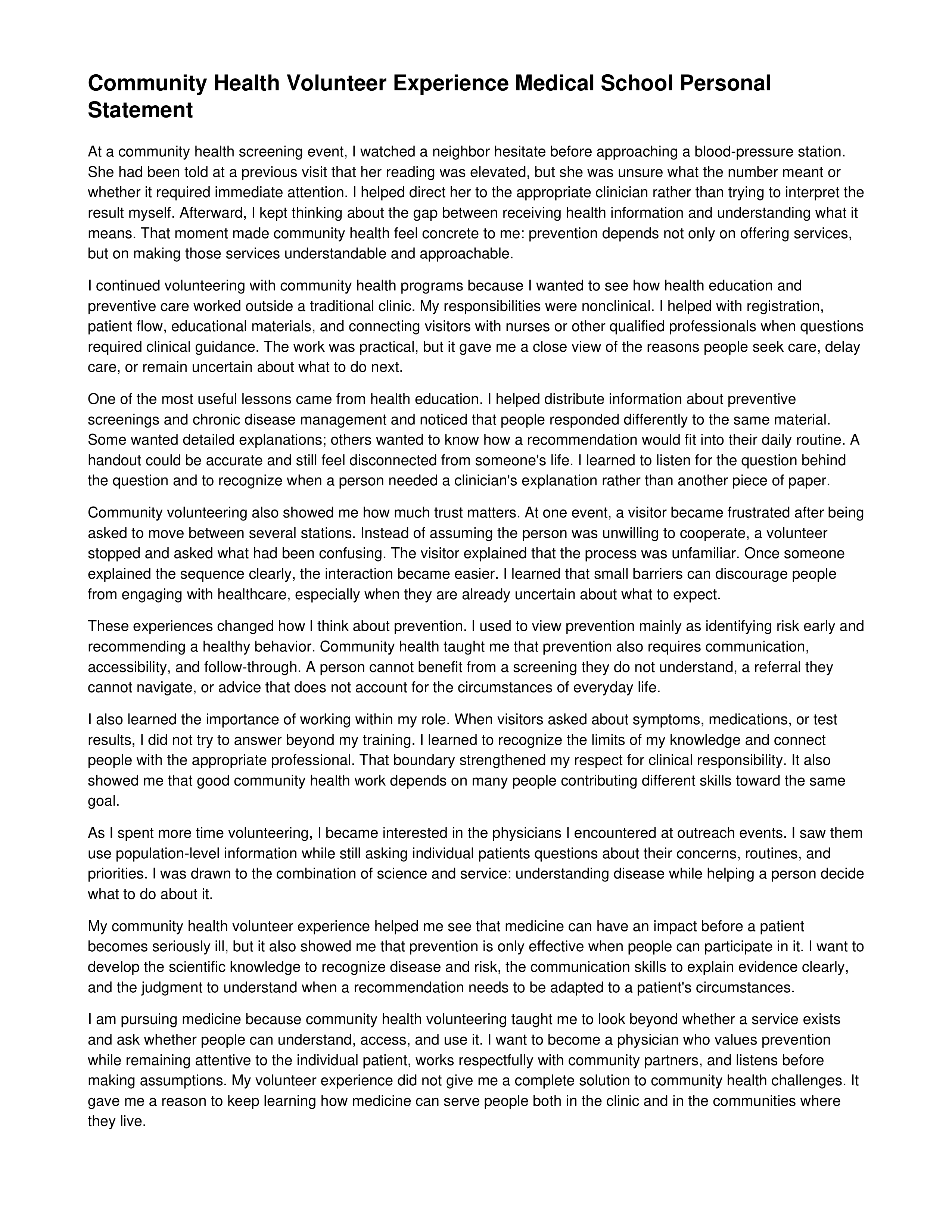 Community Health Volunteer Experience Medical School Personal Statement — page 1