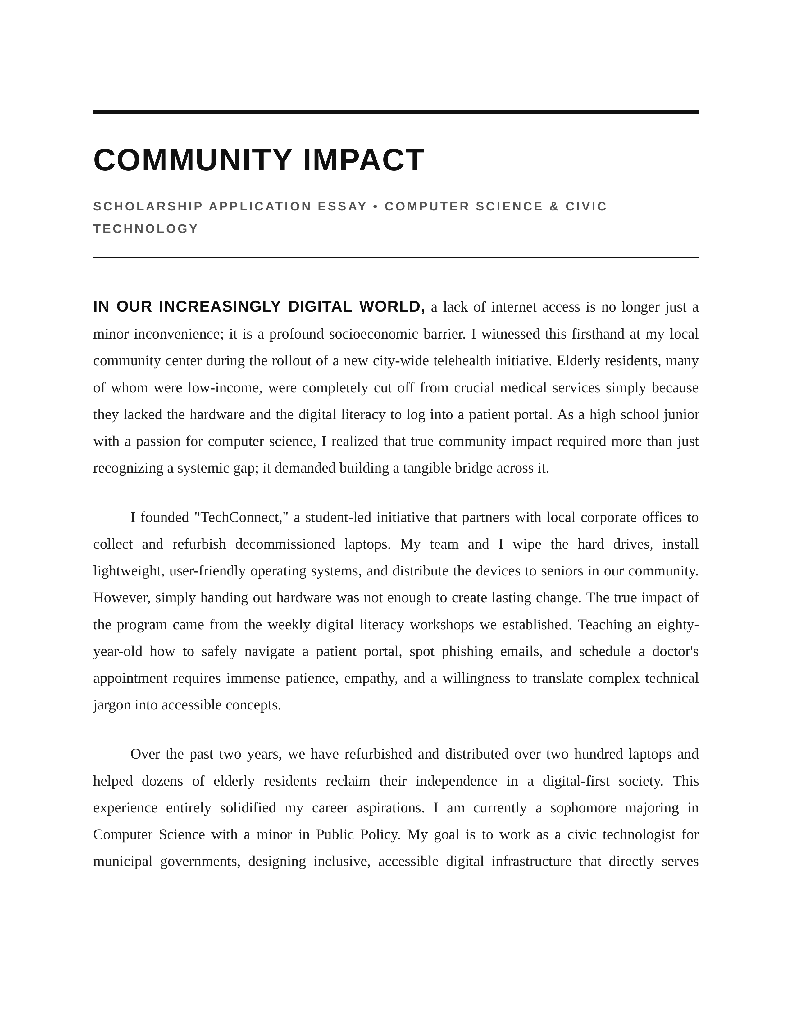 Community Impact Scholarship Essay — page 1