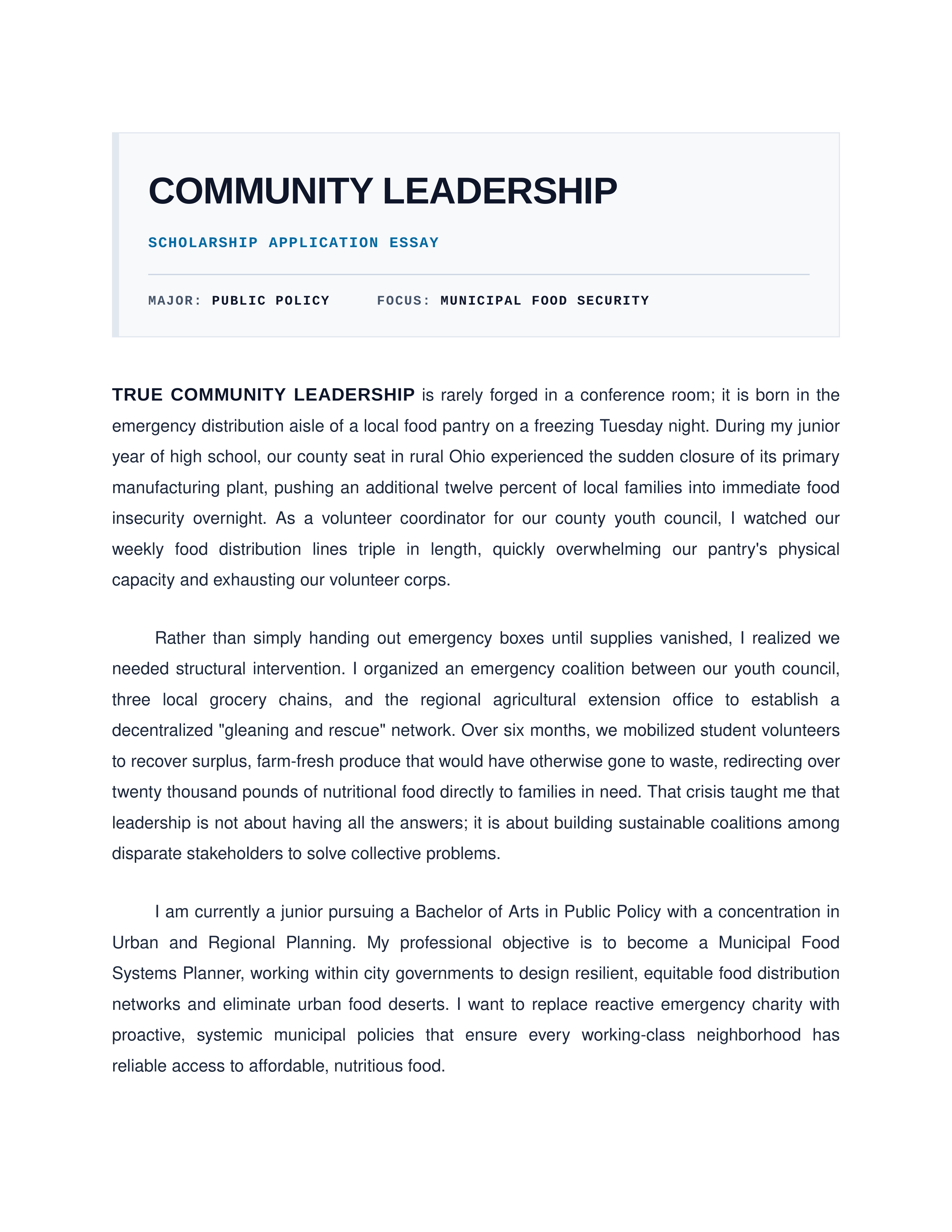 Community Leadership Scholarship Essay — page 1