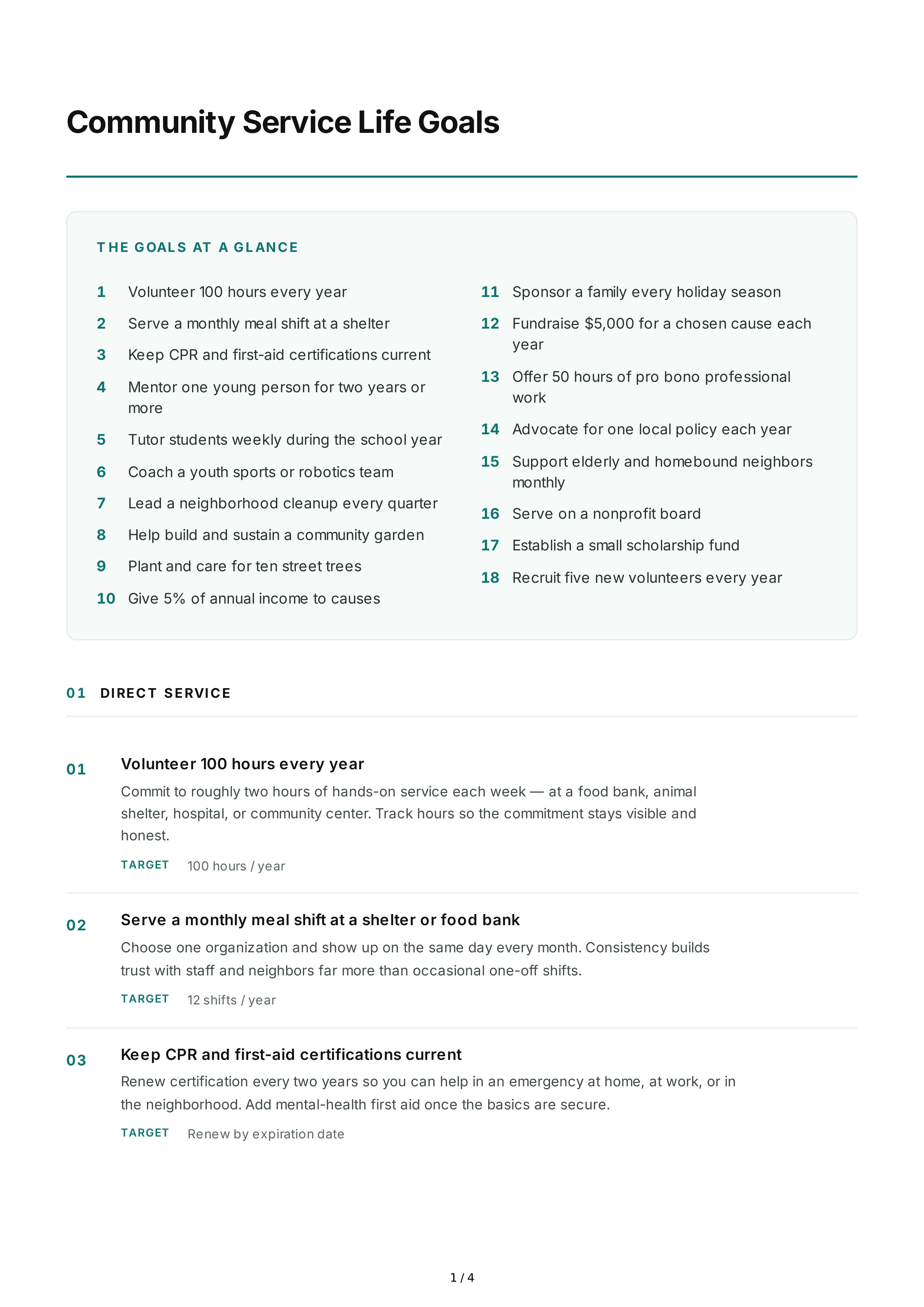 Community Service Life Goals — page 1