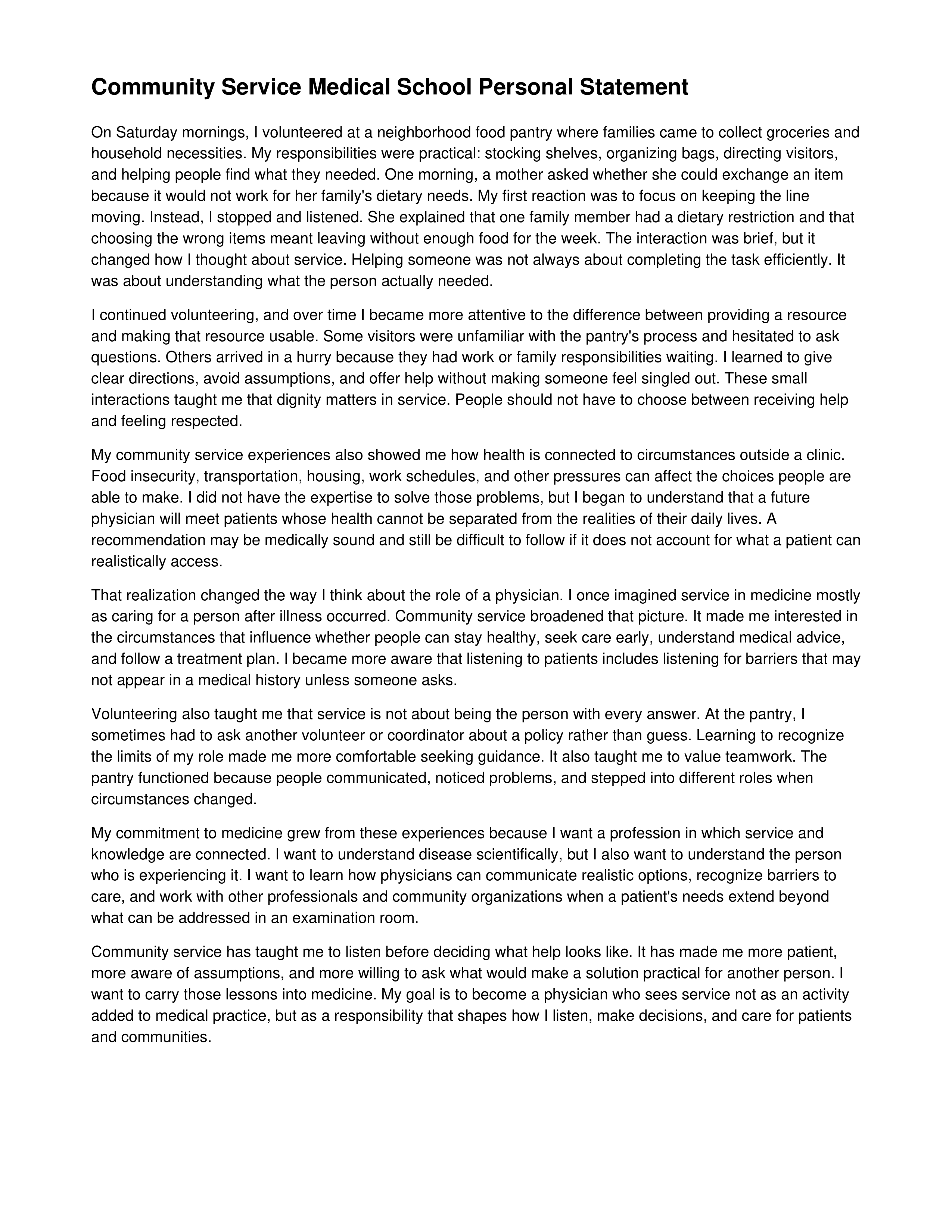 Community Service Medical School Personal Statement — page 1