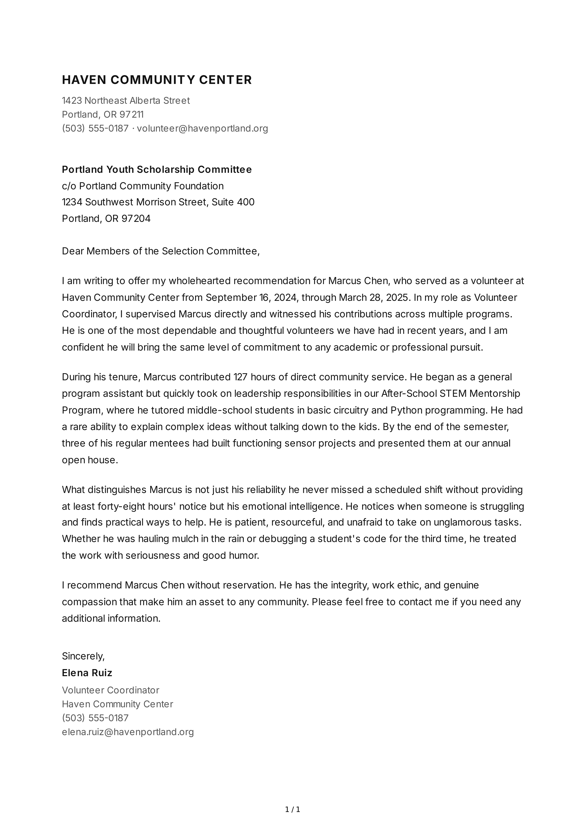 Community Service Reference Letter — page 1