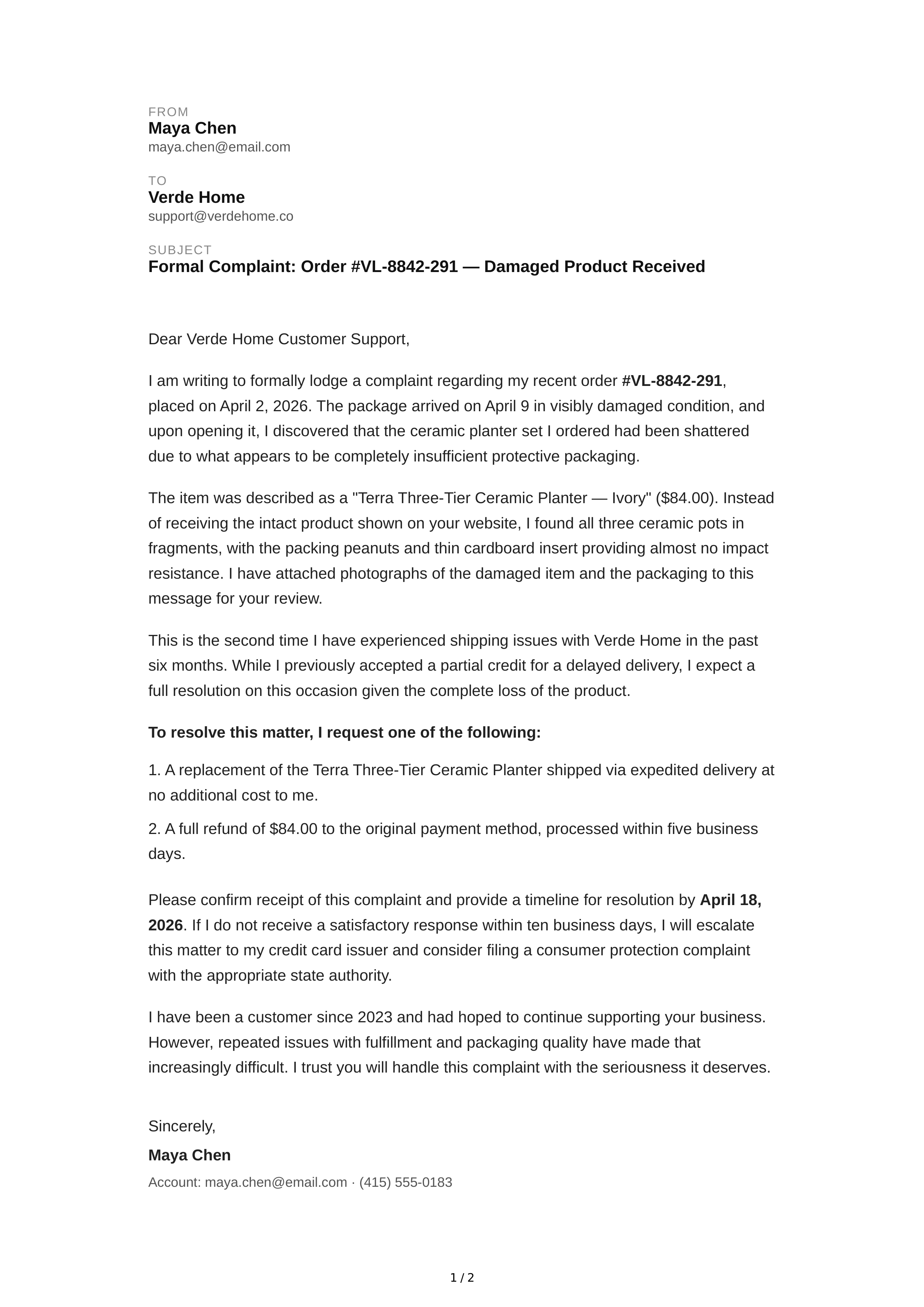 Complaint Email — page 1