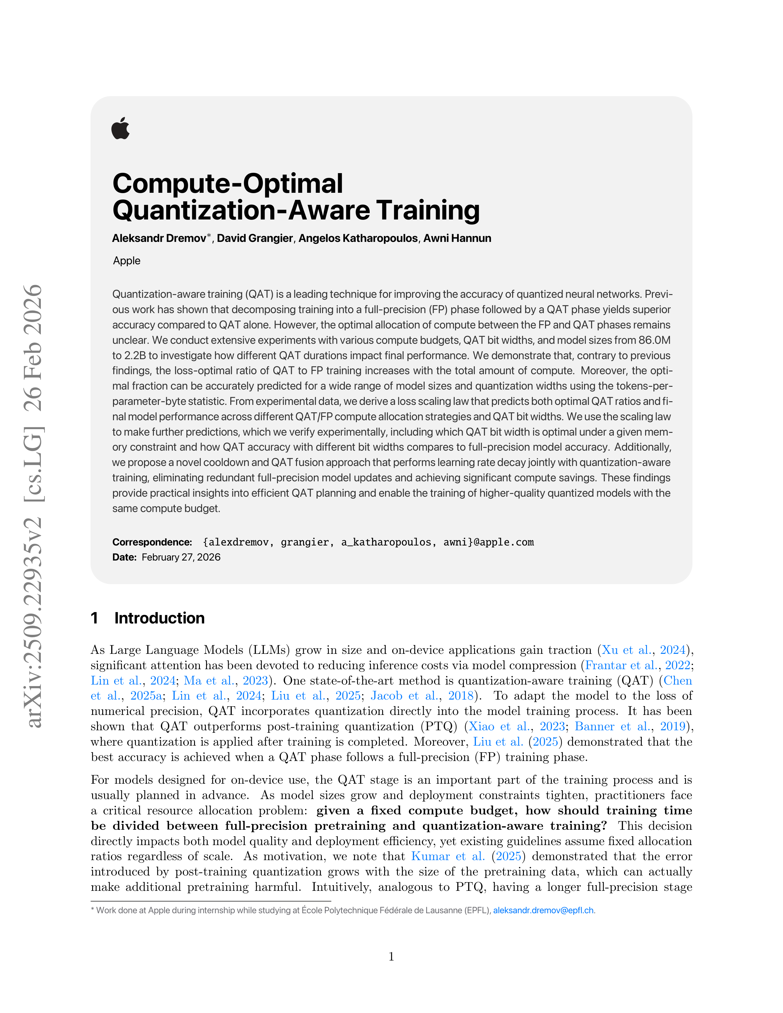 Compute-Optimal Quantization-Aware Training Research Paper by Apple — page 1