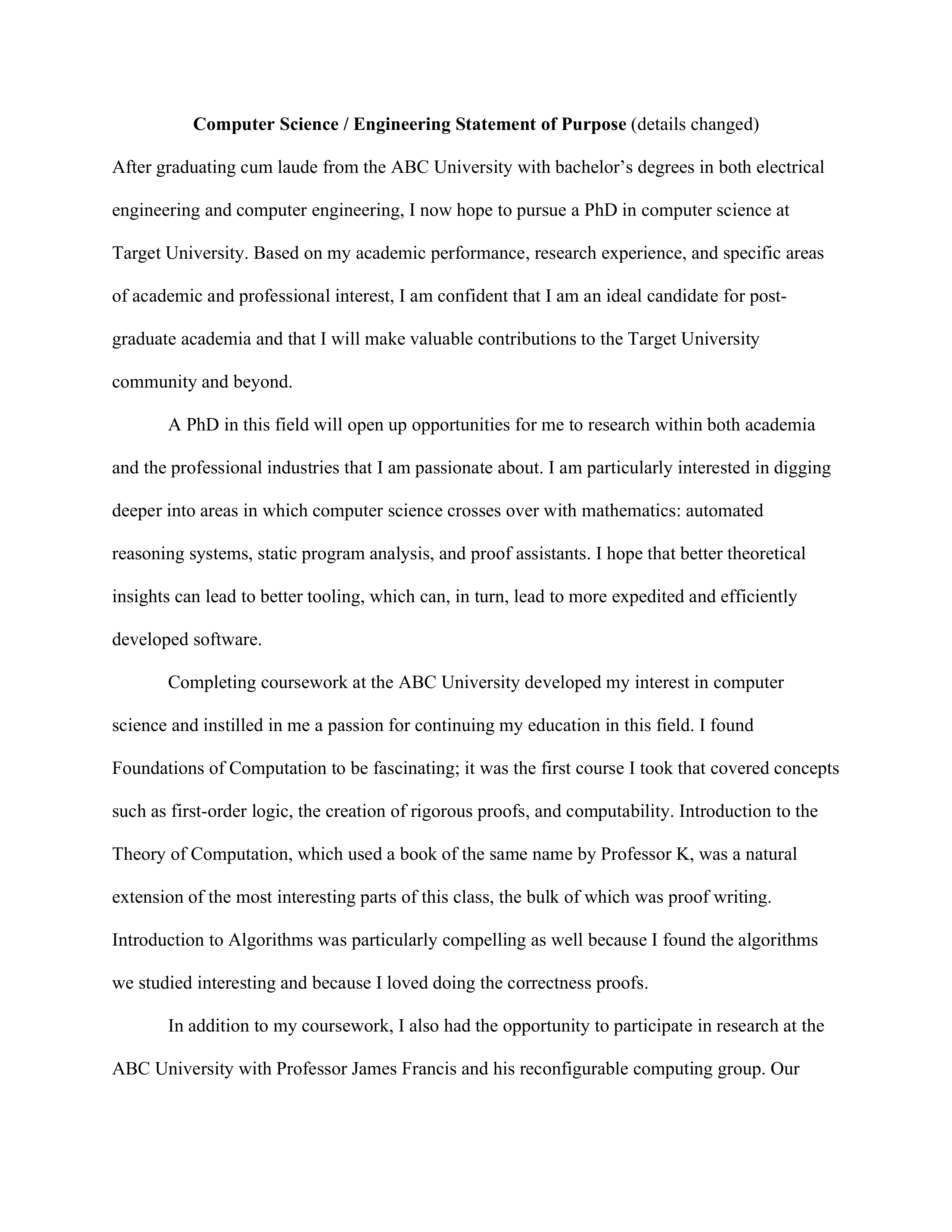 Computer Science Statement of Purpose — page 1
