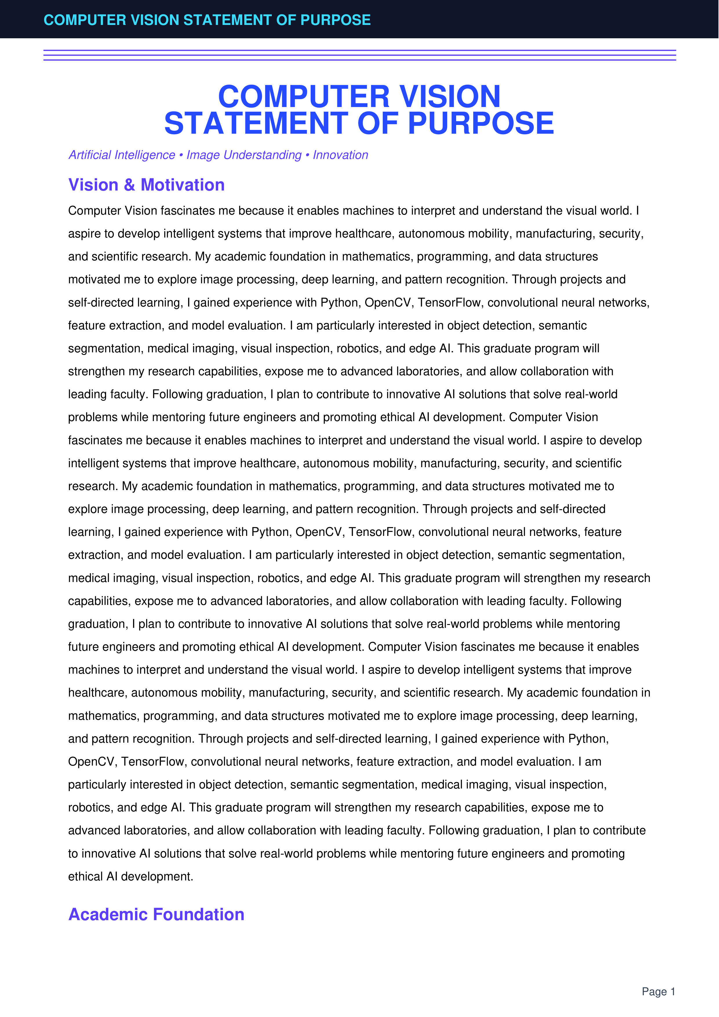 Computer Vision Statement of Purpose — page 1