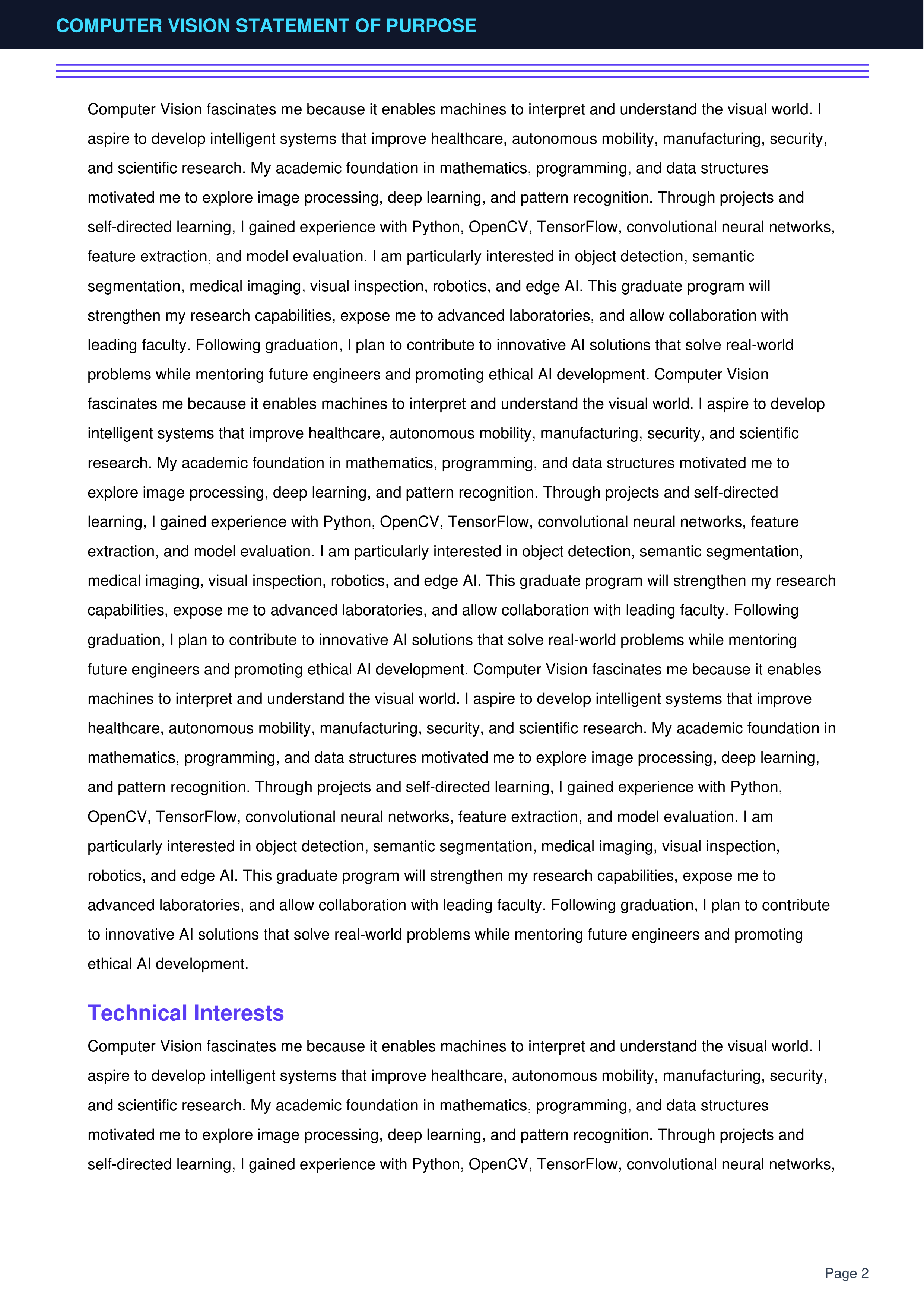 Computer Vision Statement of Purpose — page 2