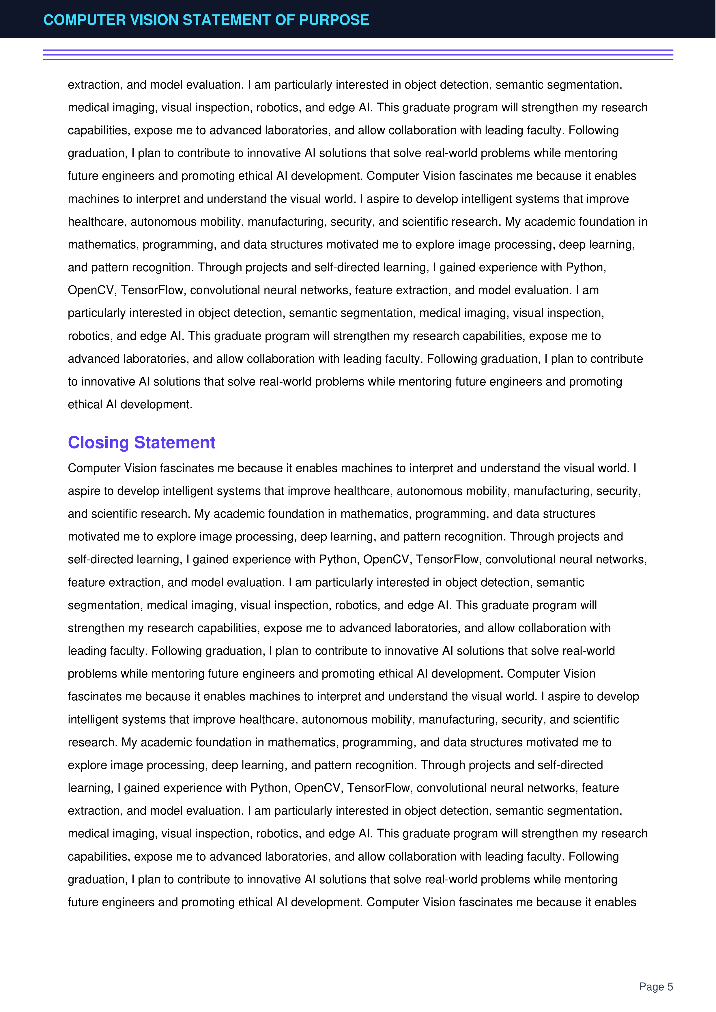 Computer Vision Statement of Purpose — page 5