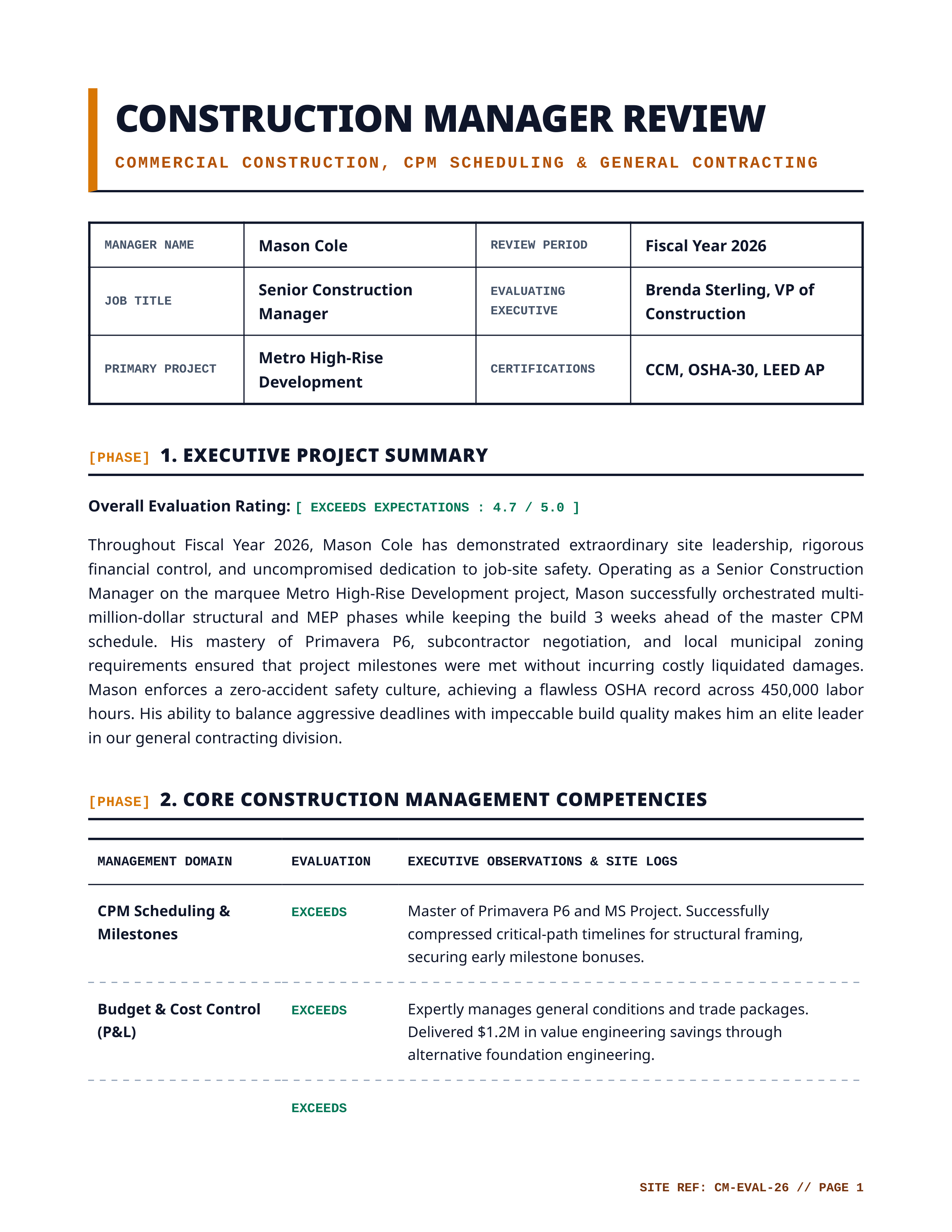 Construction Manager Performance Review — page 1