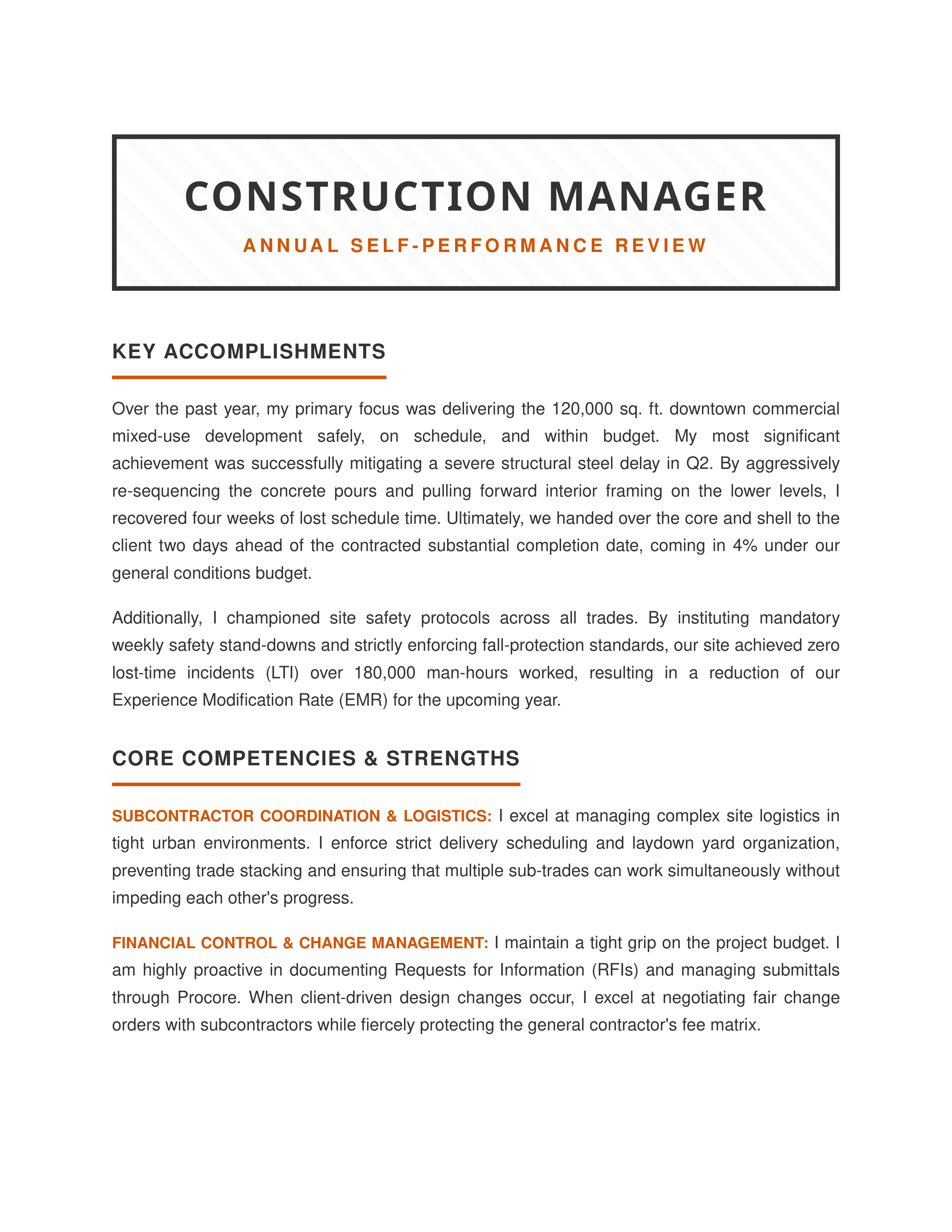 Construction Manager Self Performance Review — page 1