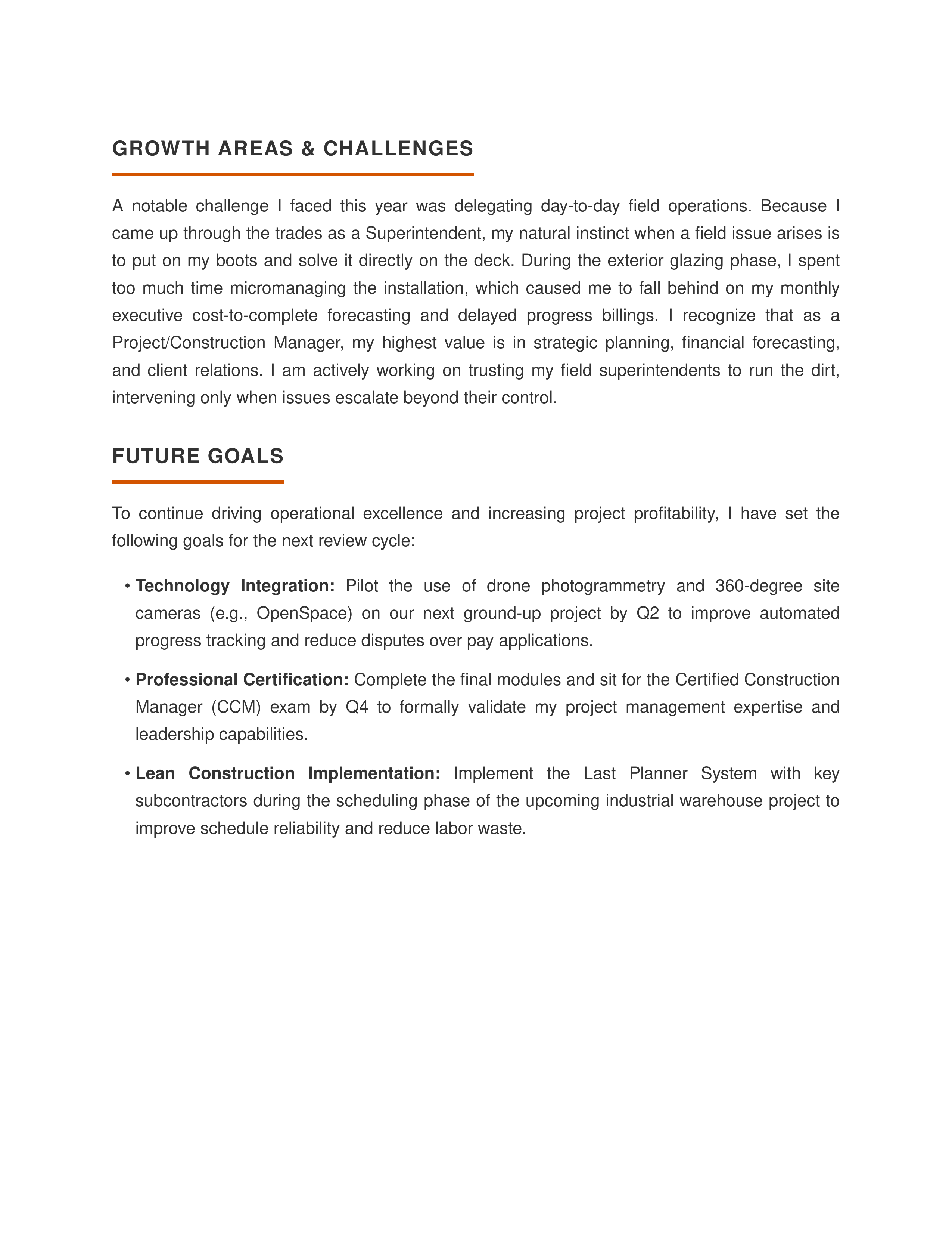 Construction Manager Self Performance Review — page 2