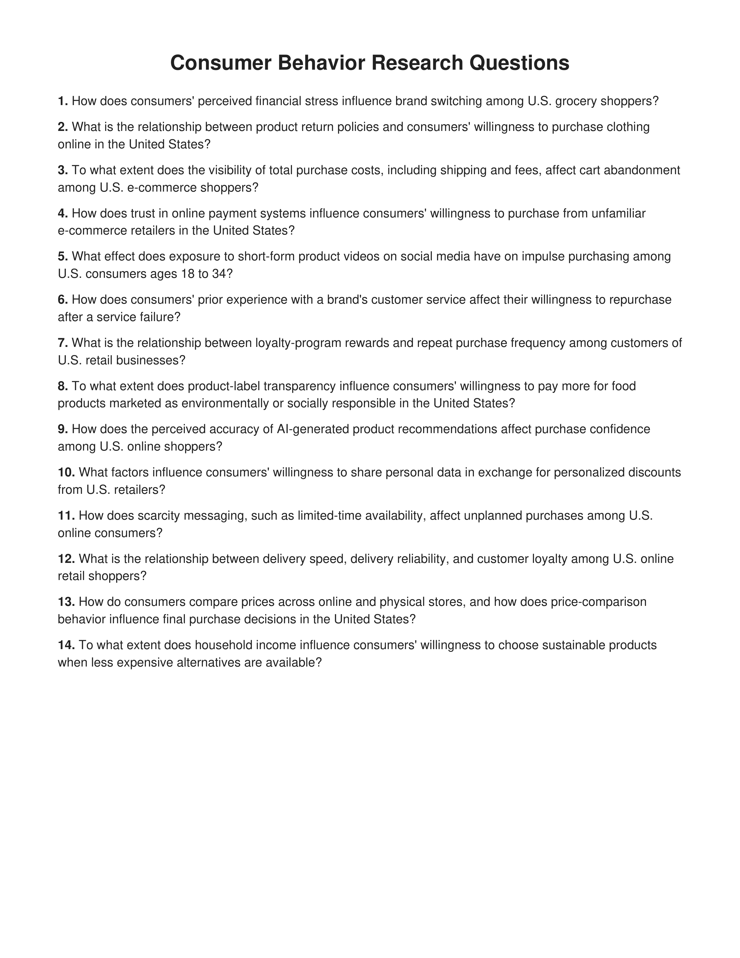 Consumer Behavior Research Questions — page 1