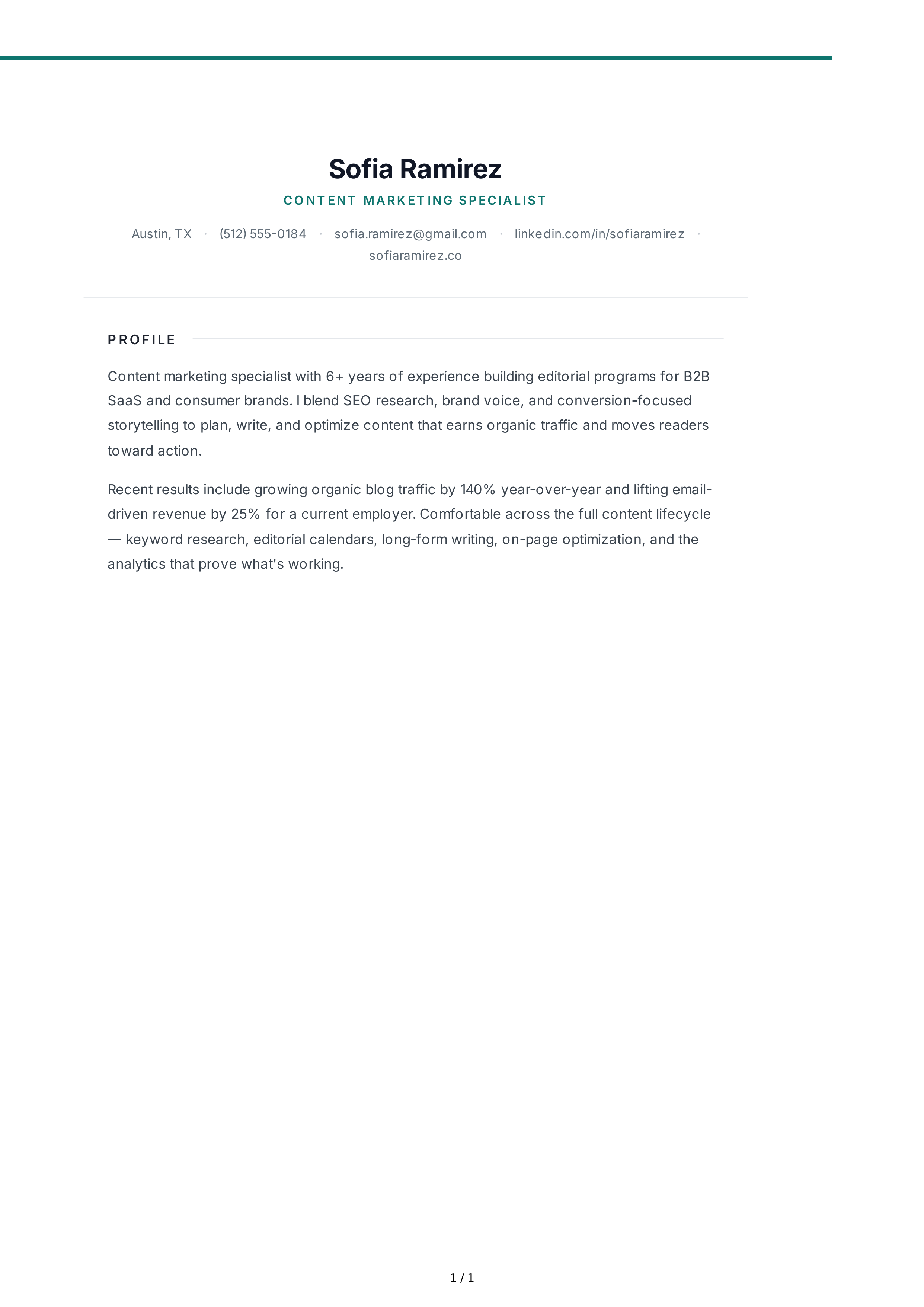 Content Marketing Specialist Resume Profile — page 1