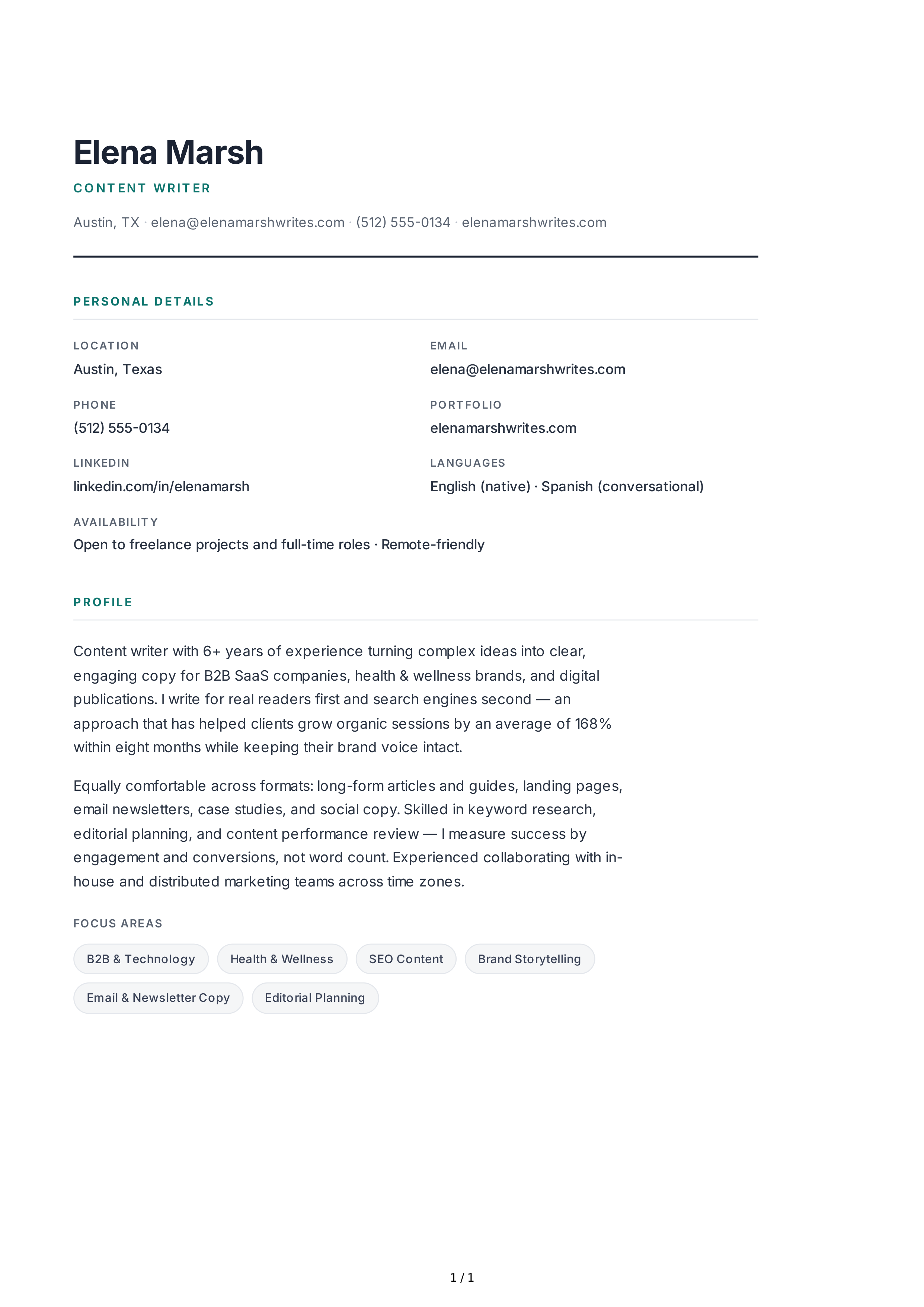 Content Writer Resume Profile — page 1