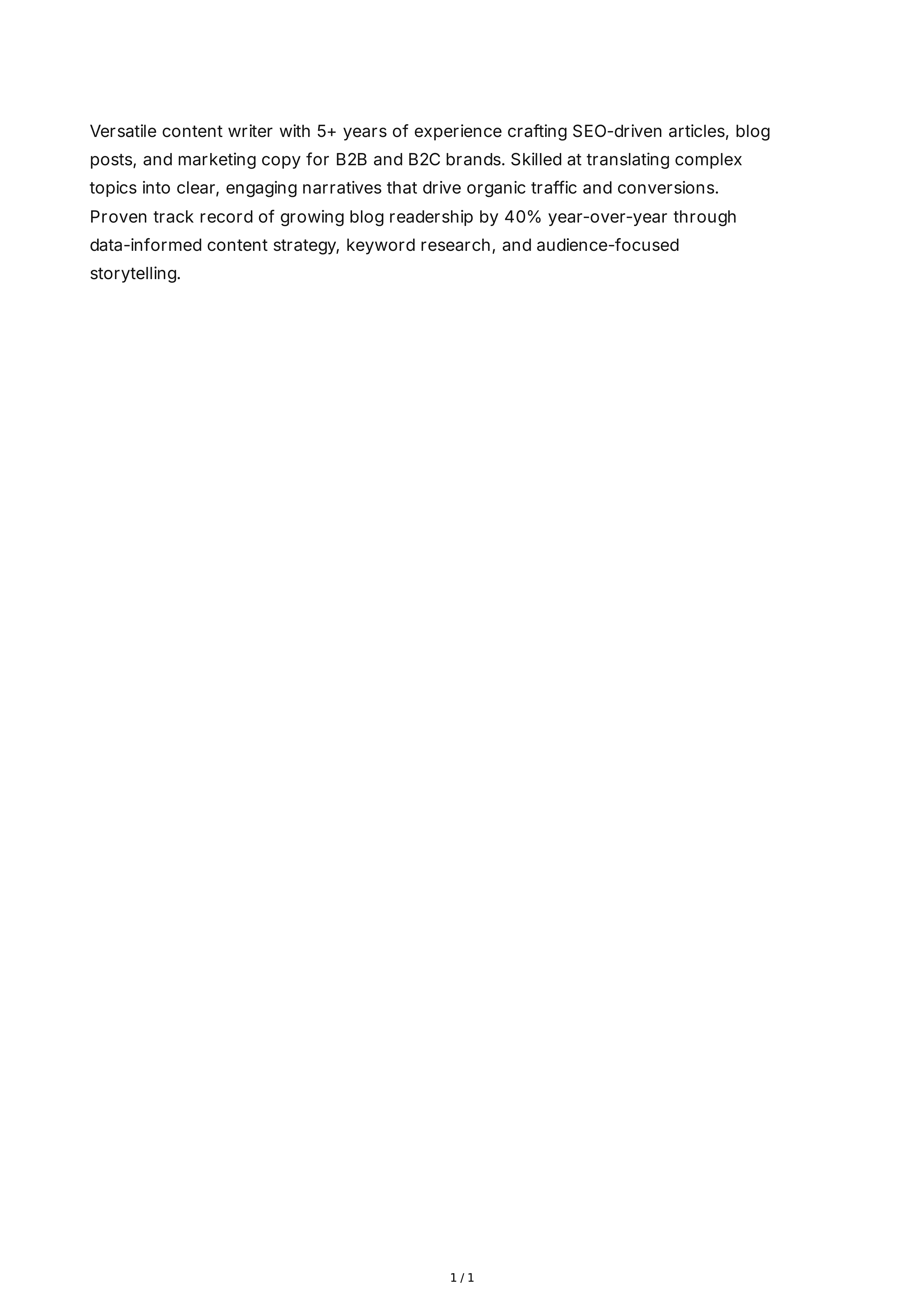 Content Writer Resume Summary — page 1