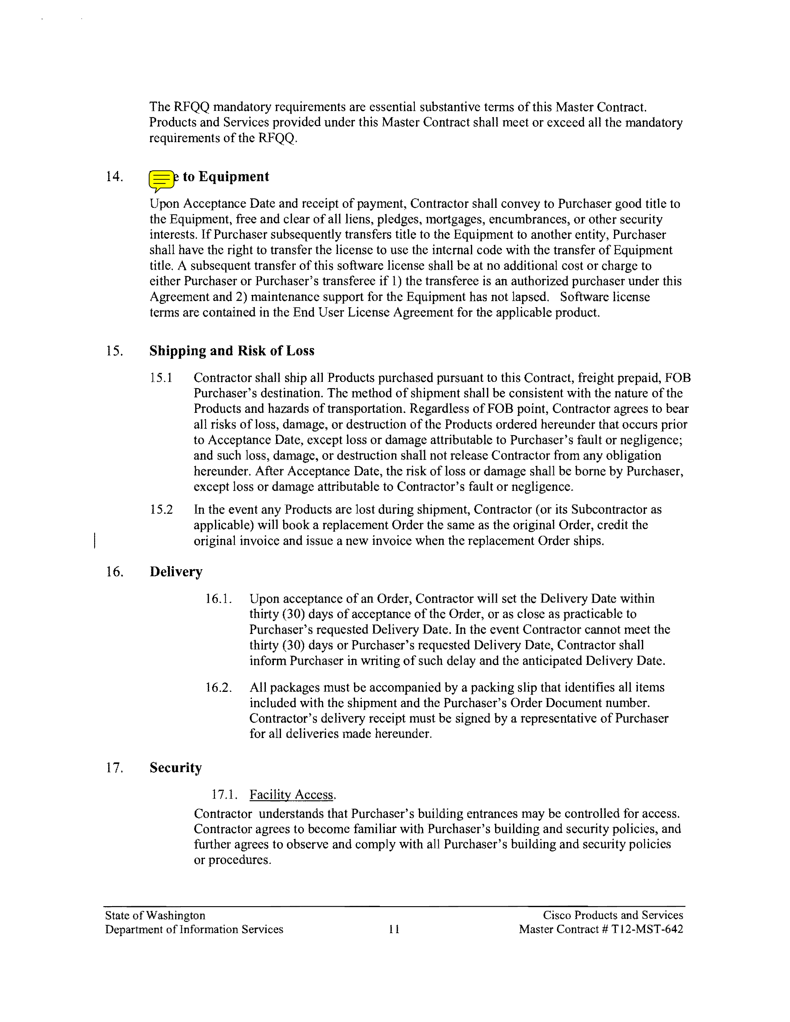 Contract Between Department of Information Services and Cisco Systems, Inc. — page 15