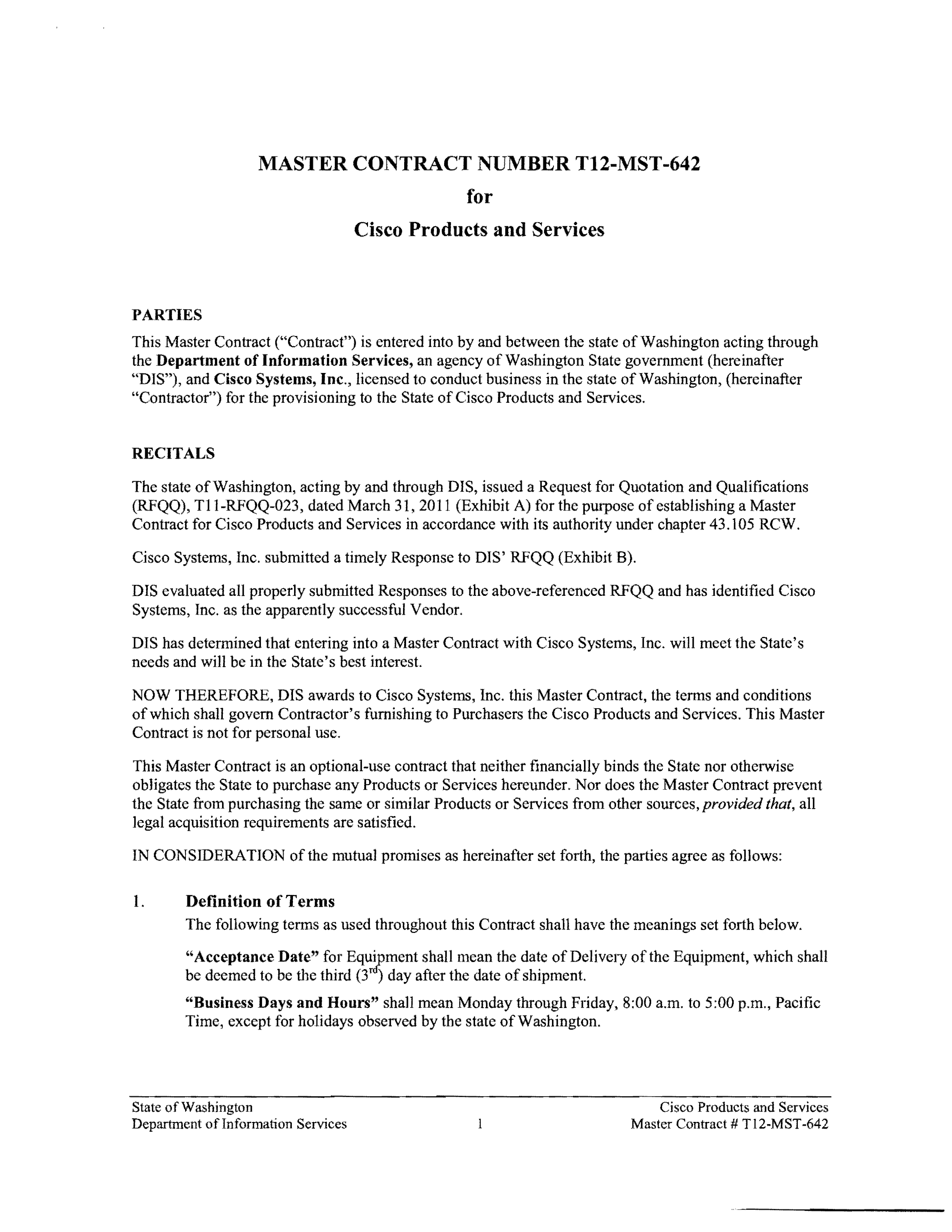 Contract Between Department of Information Services and Cisco Systems, Inc. — page 5