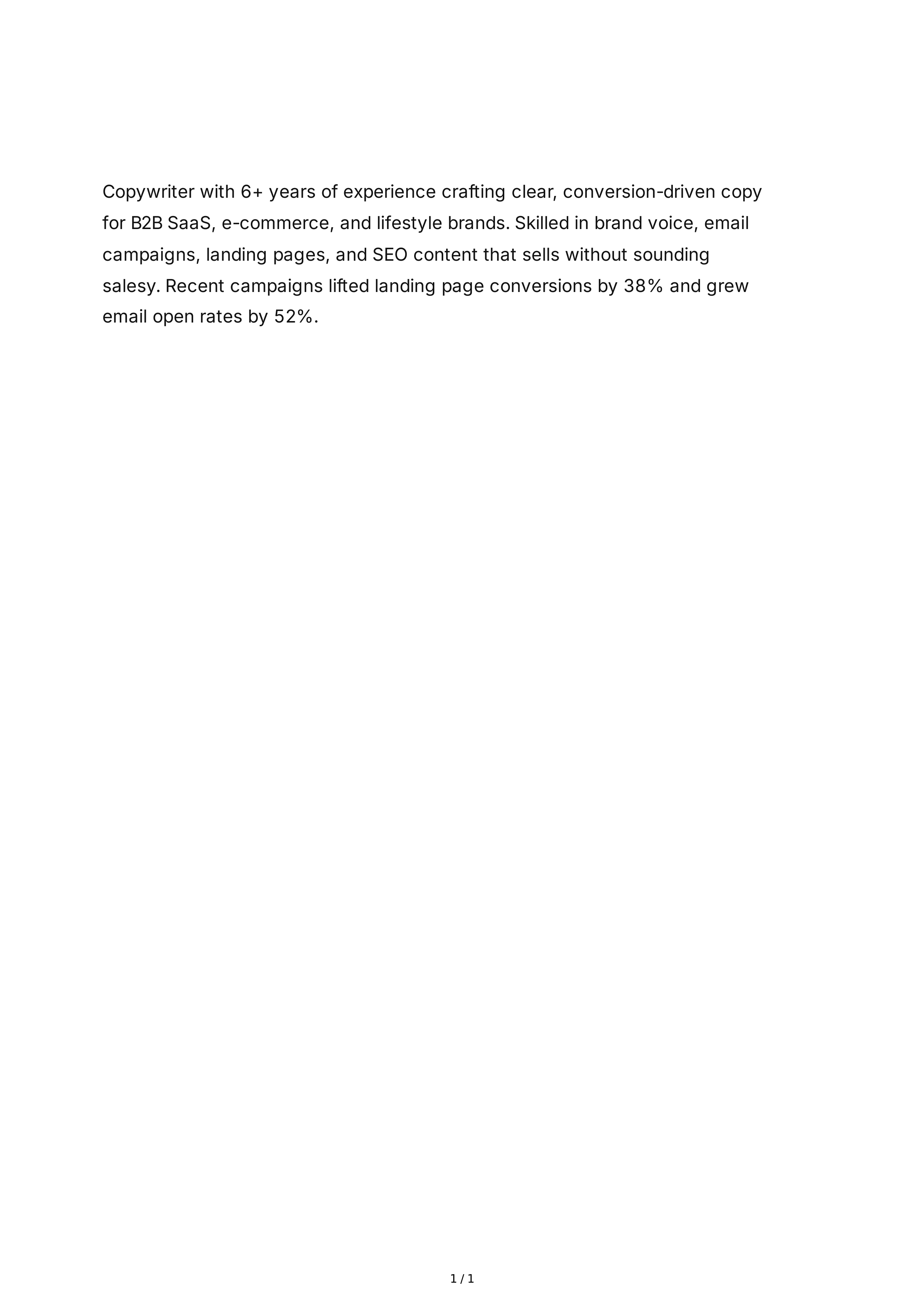 Copywriter Resume Summary — page 1