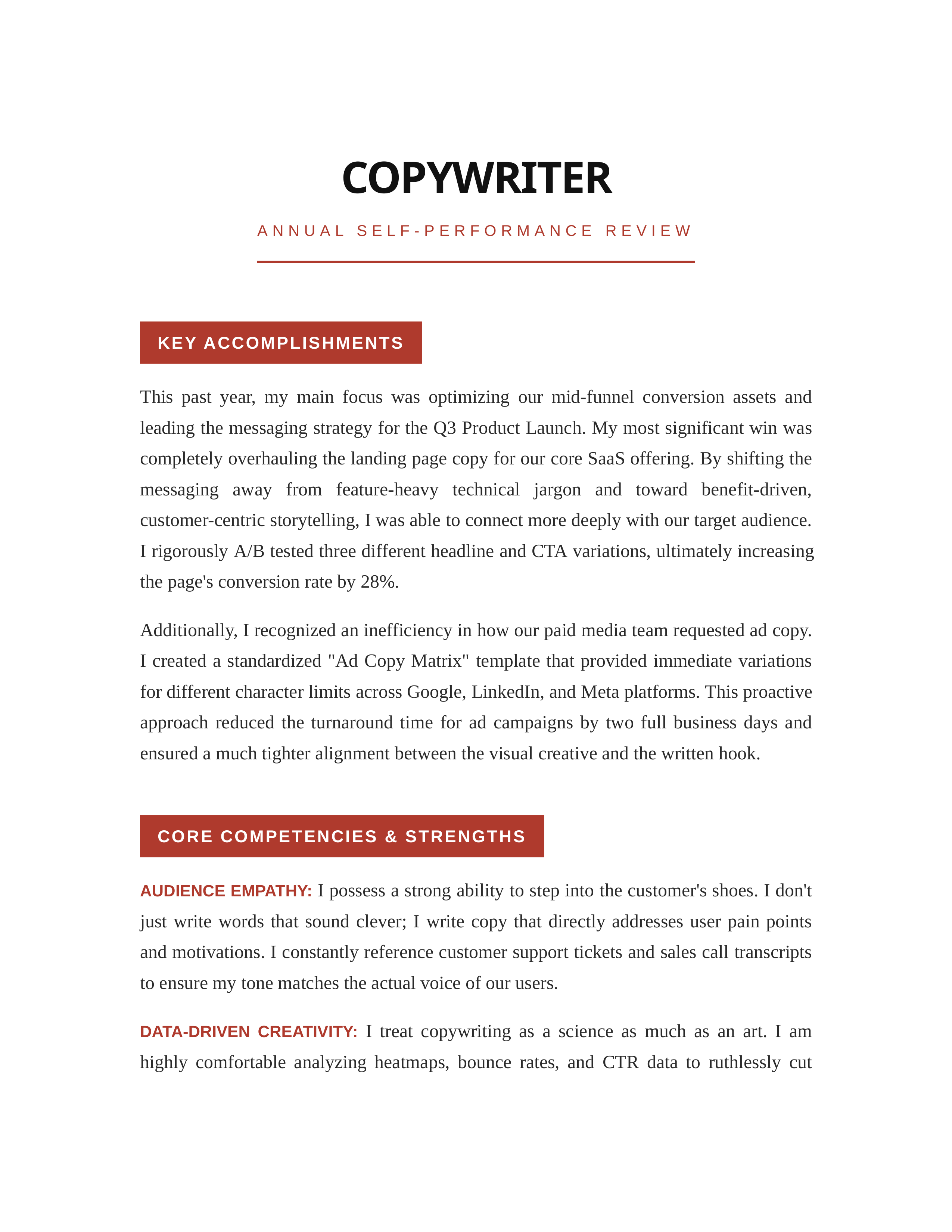 Copywriter Self Performance Review — page 1