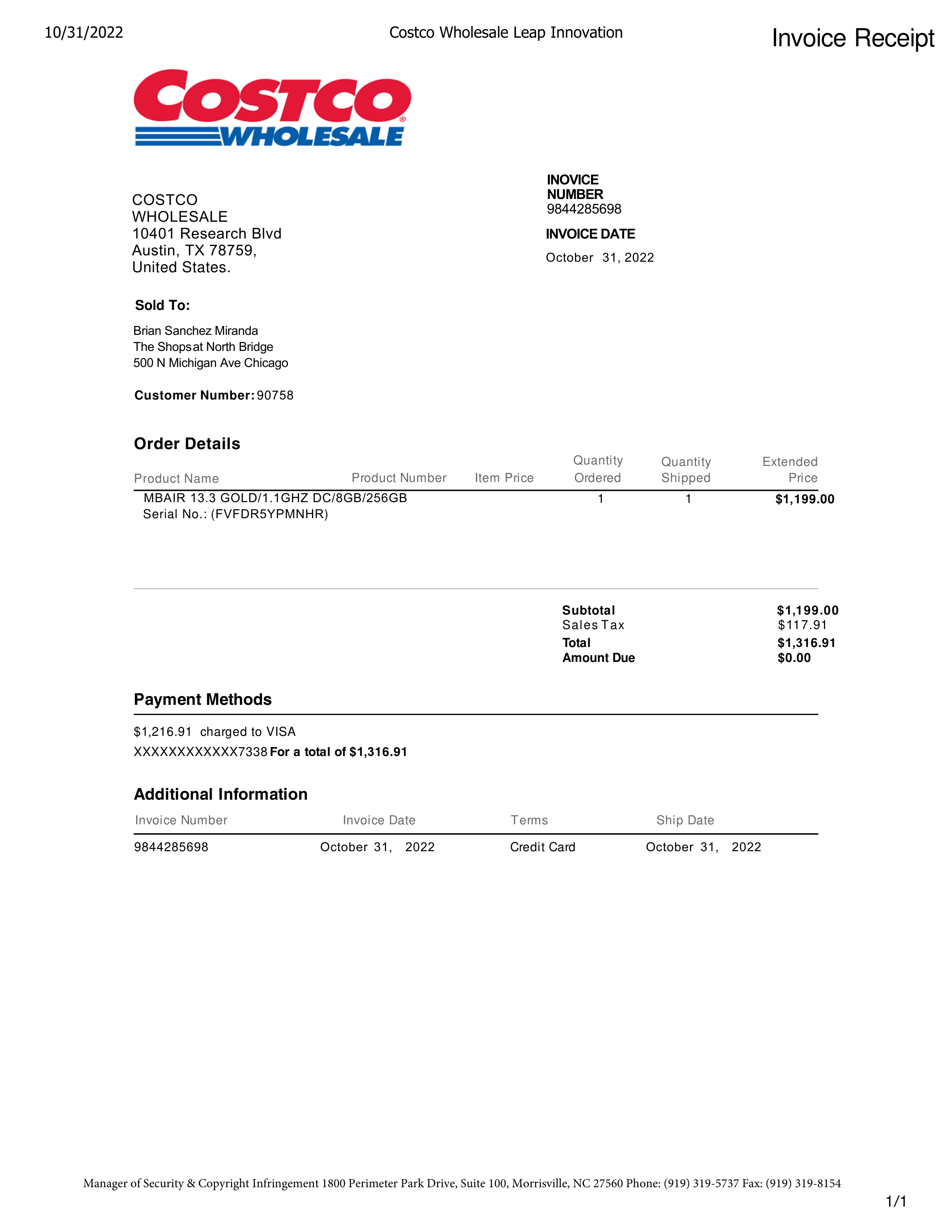 Costco Product Purchase Invoice — page 1