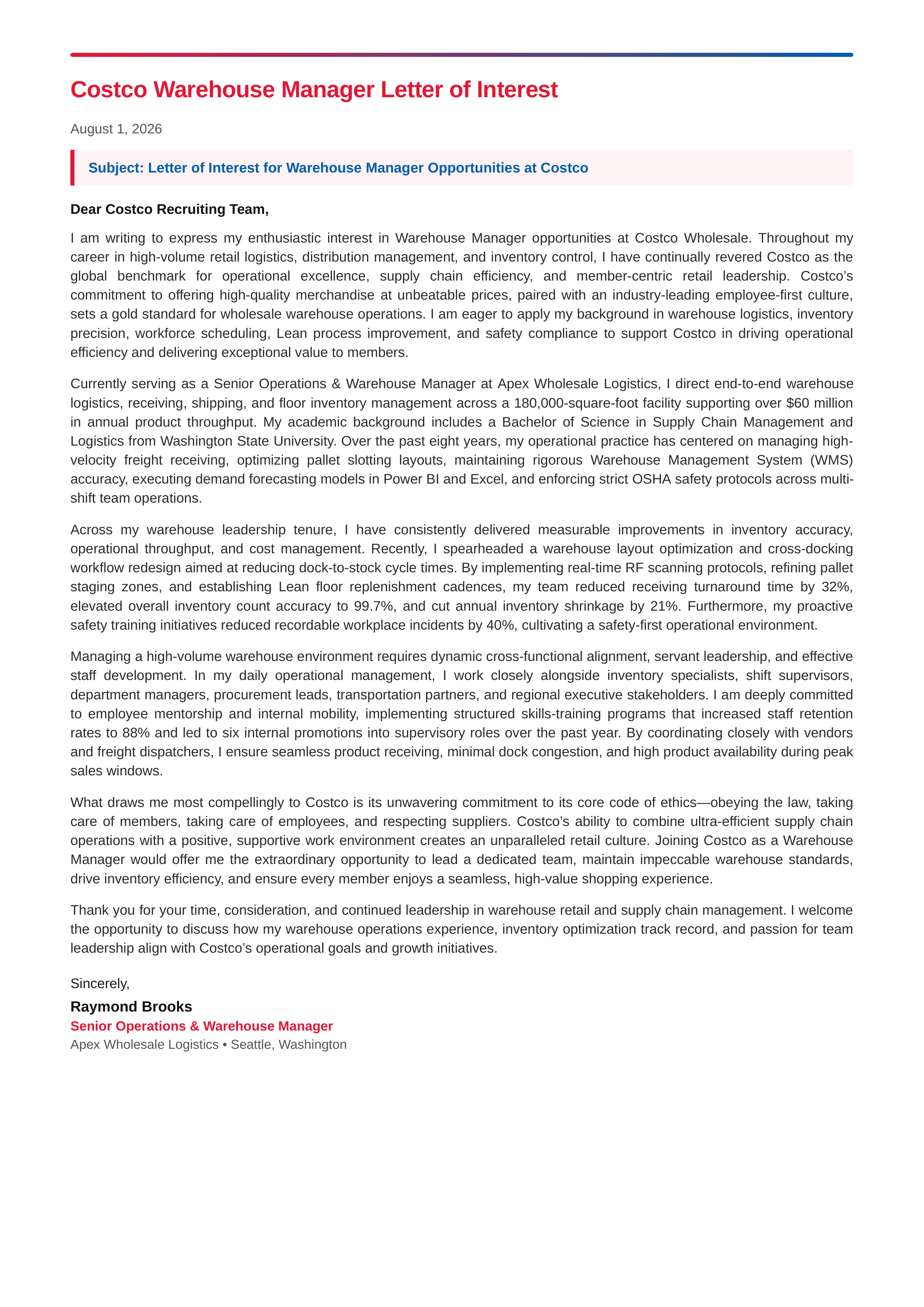 Costco Warehouse Manager Letter of Interest — page 1