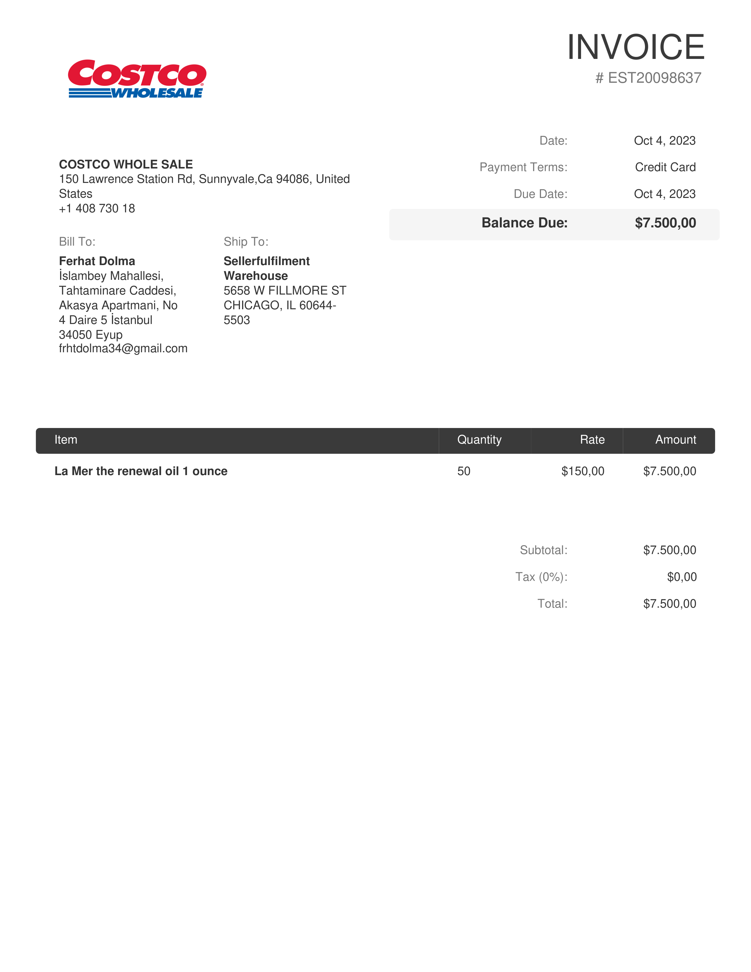 Costco Wholesale Business Invoice — page 1