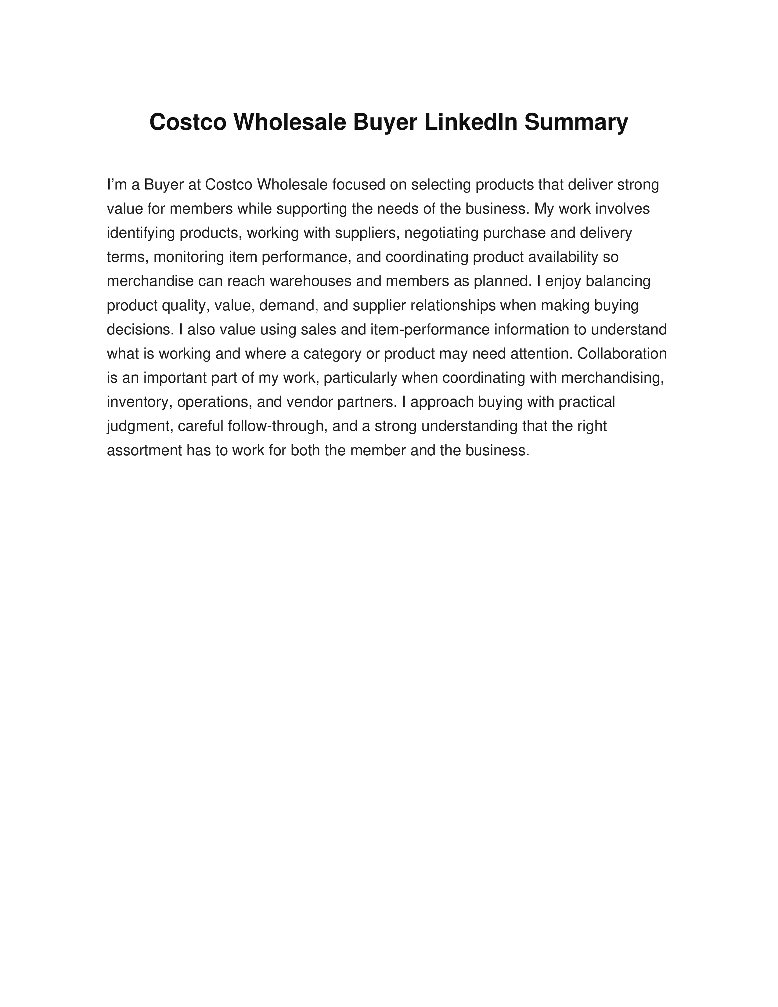 Costco Wholesale Buyer LinkedIn Summary — page 1