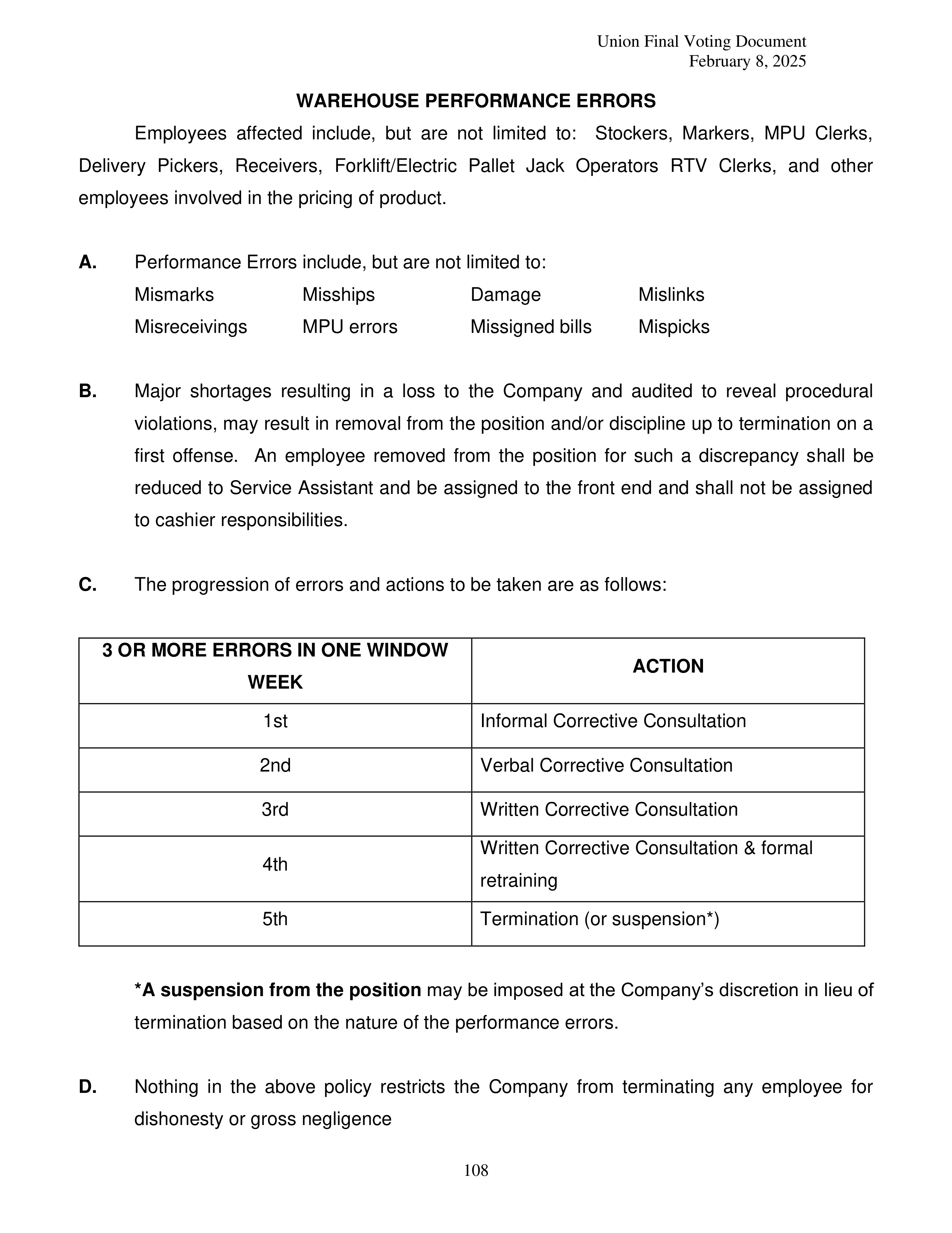 Costco Wholesale Teamsters Agreement — page 108