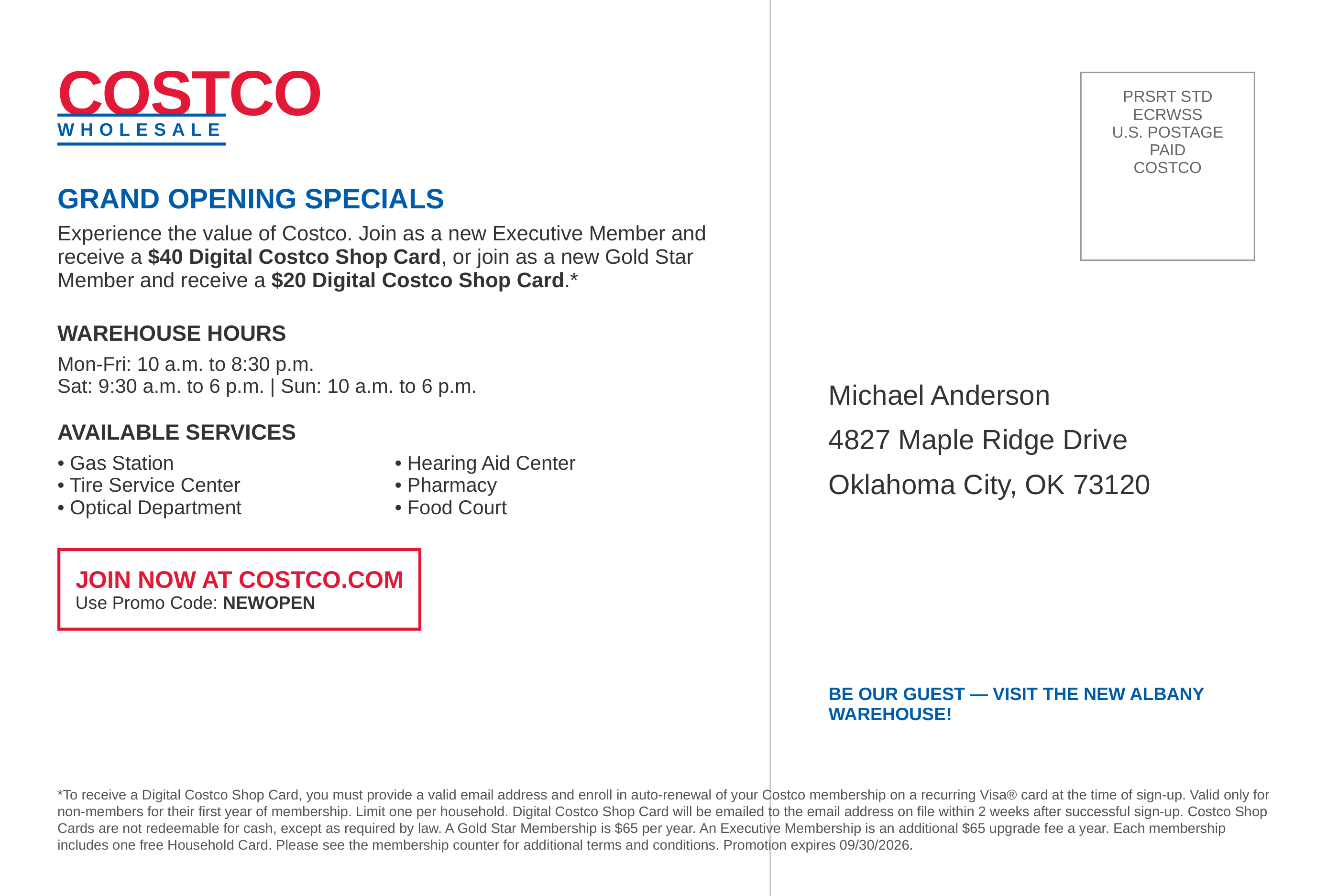 Costco Wholesale’s New Warehouse Grand Opening Invitation Postcard — page 2