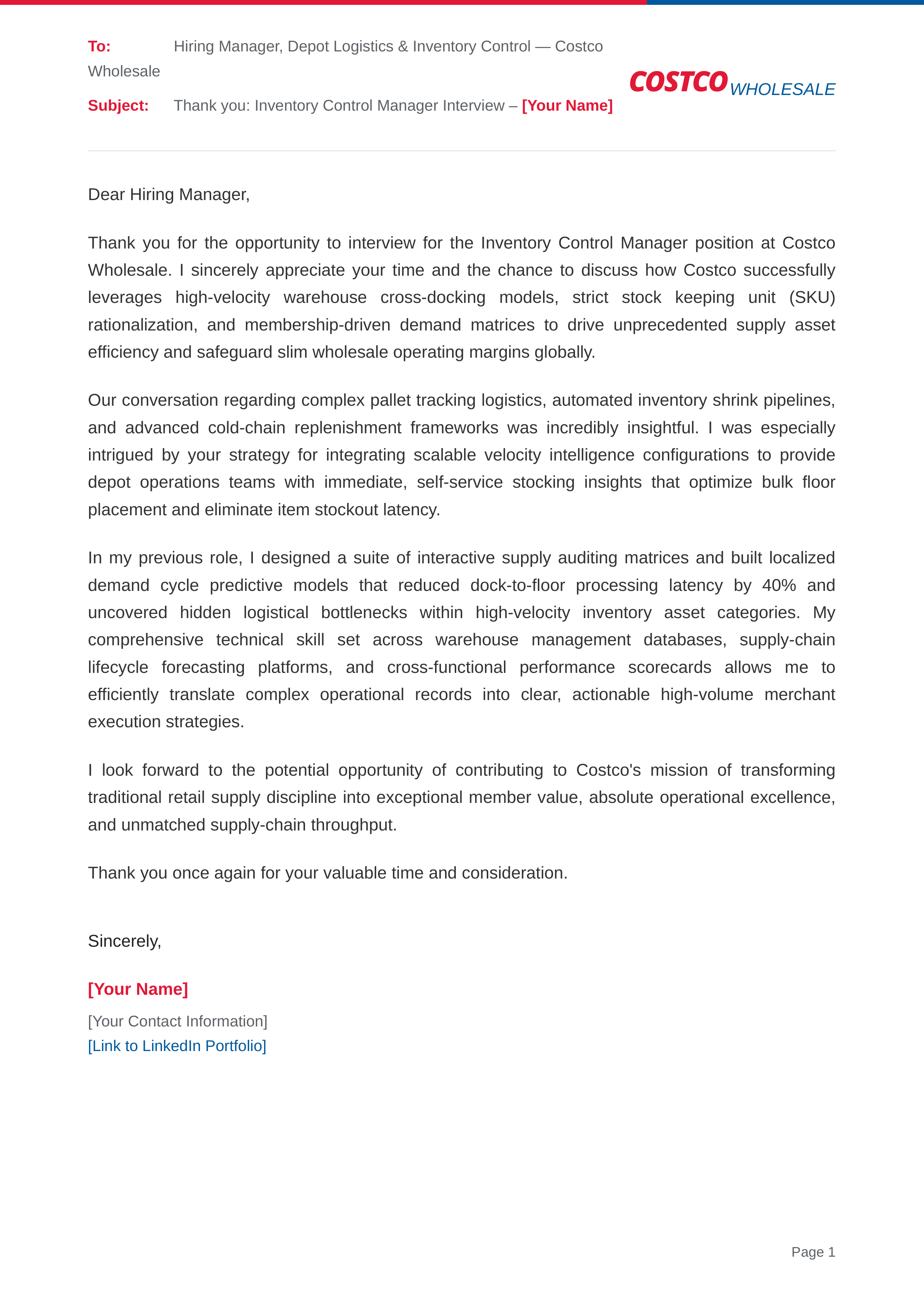 Costco Inventory Control Manager Thank you email after Interview — page 1