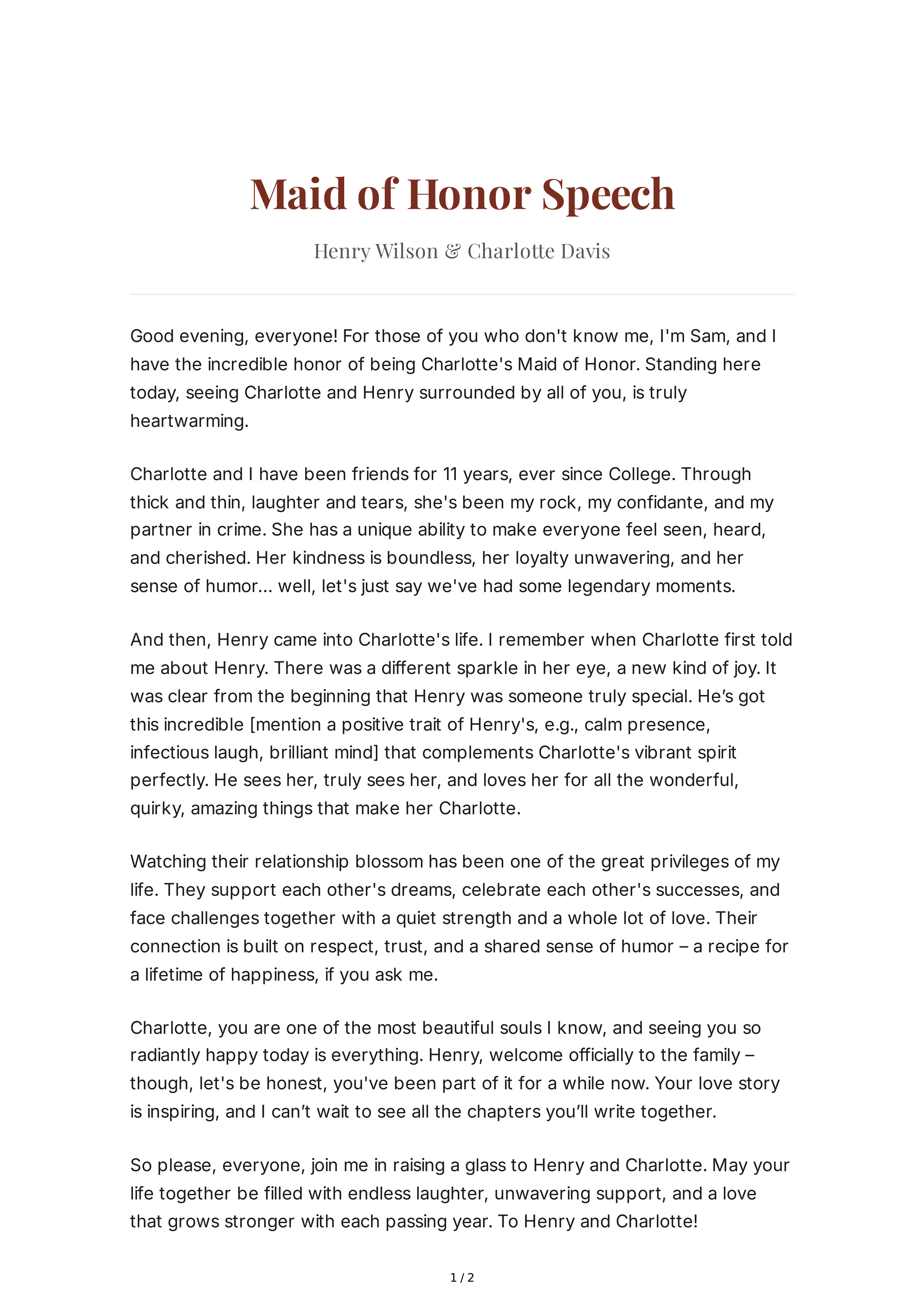 Courthouse Wedding Maid of Honor Speech — page 1