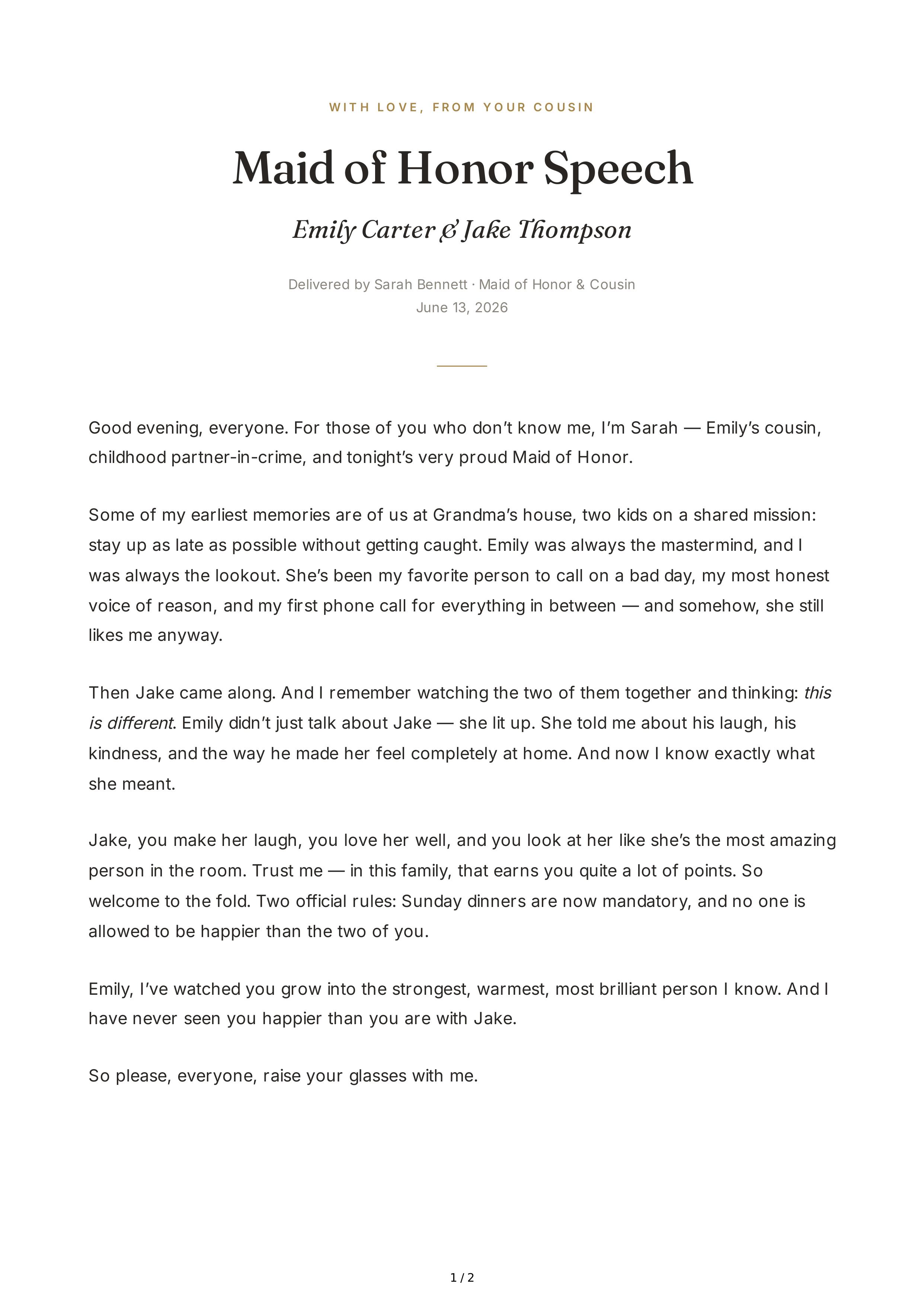 Cousin Maid of Honor Speech — page 1
