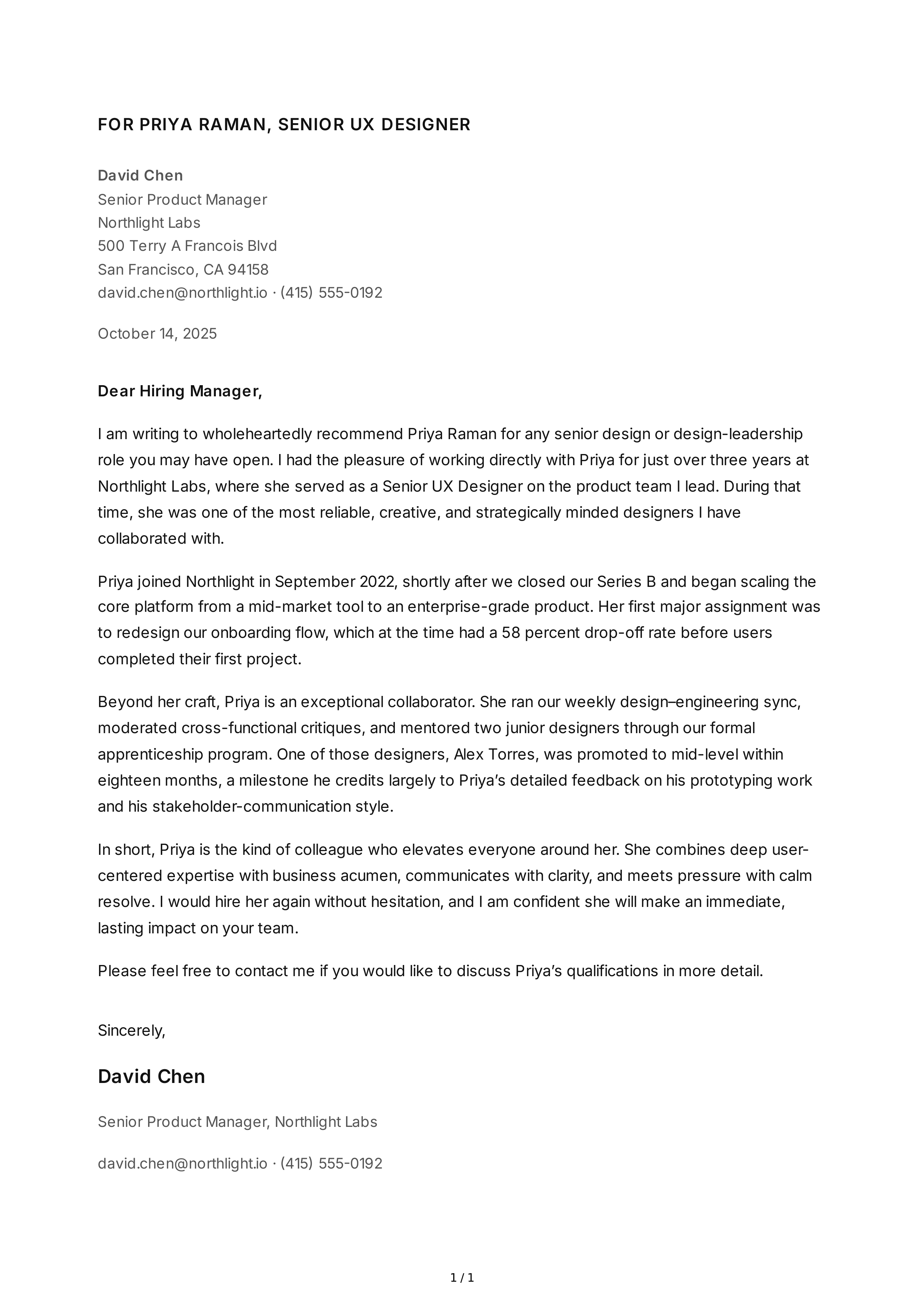 Coworker Reference Letter — page 1
