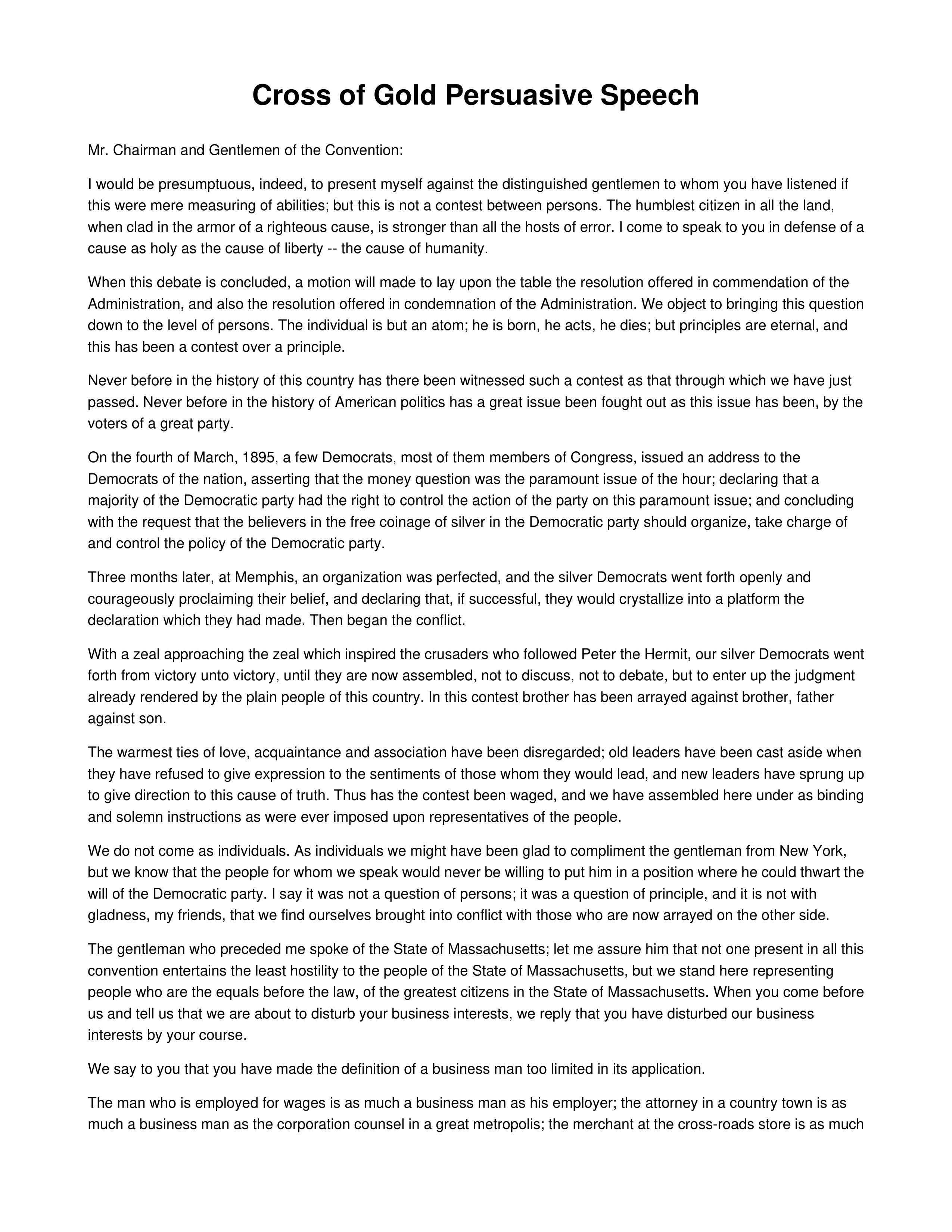 Cross of Gold Persuasive Speech — page 1
