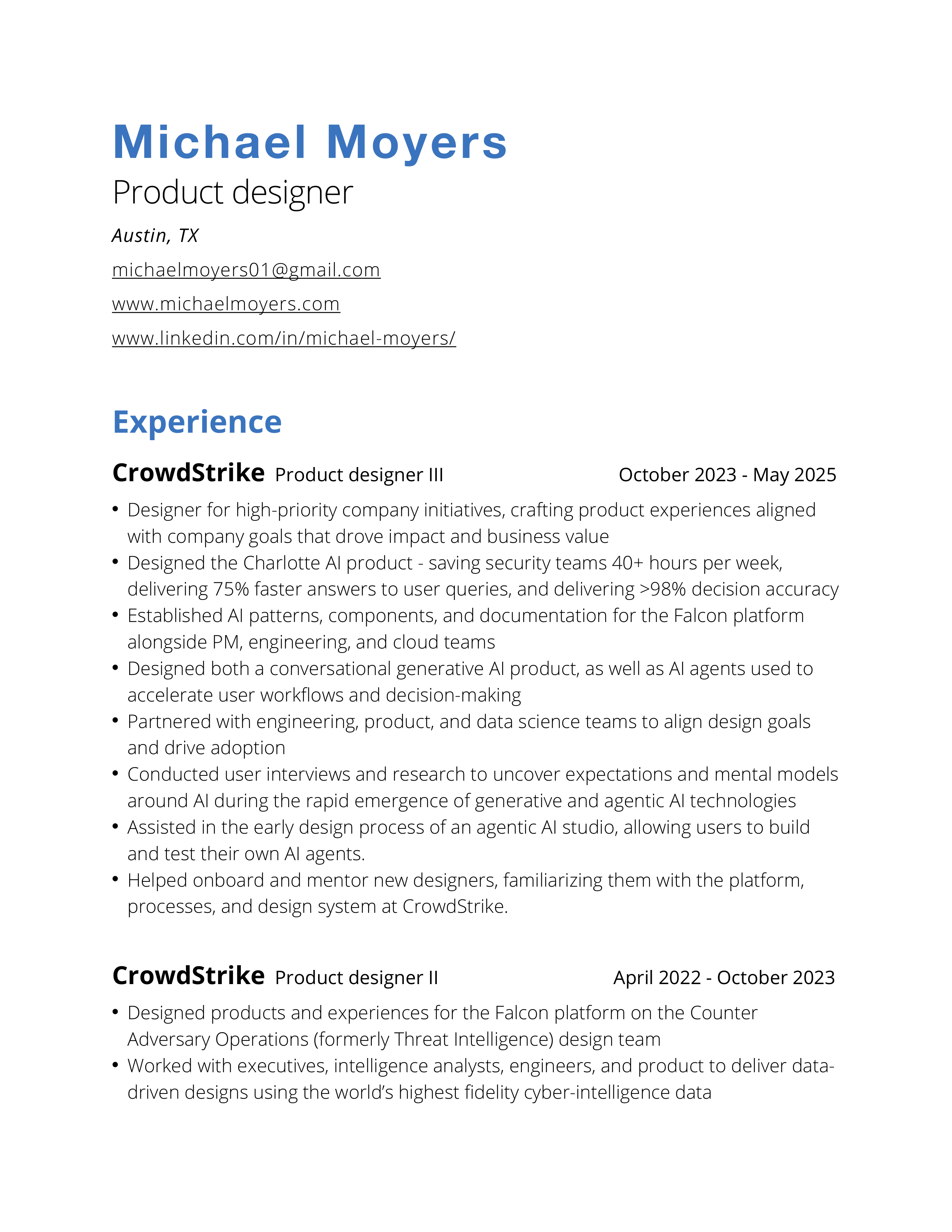 CrowdStrike Product Designer Resume — page 1