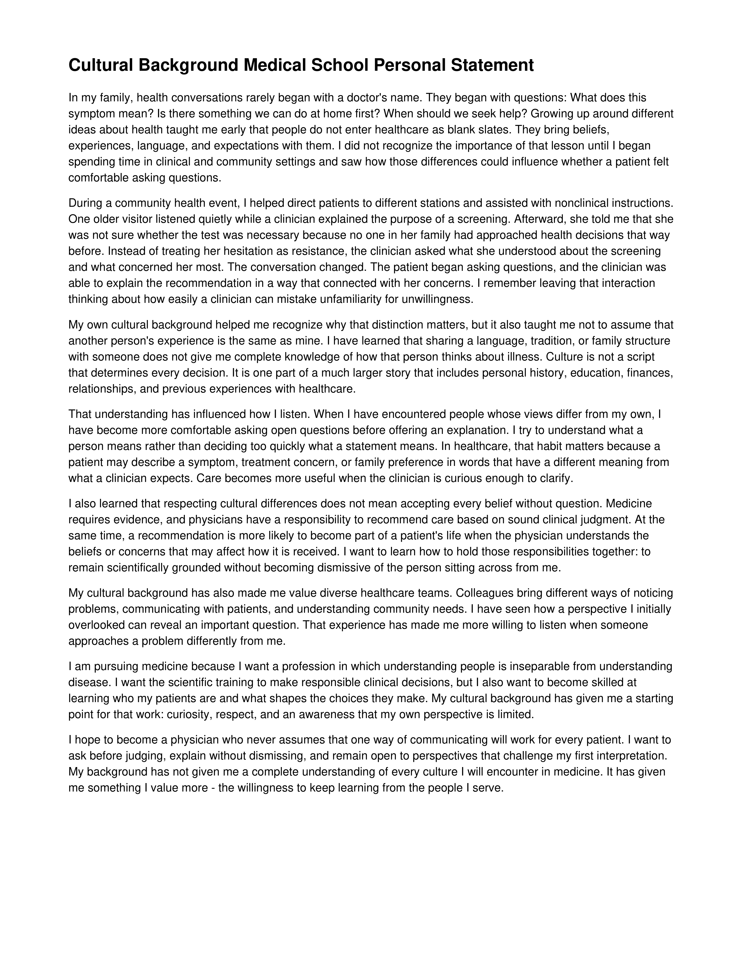Cultural Background Medical School Personal Statement — page 1