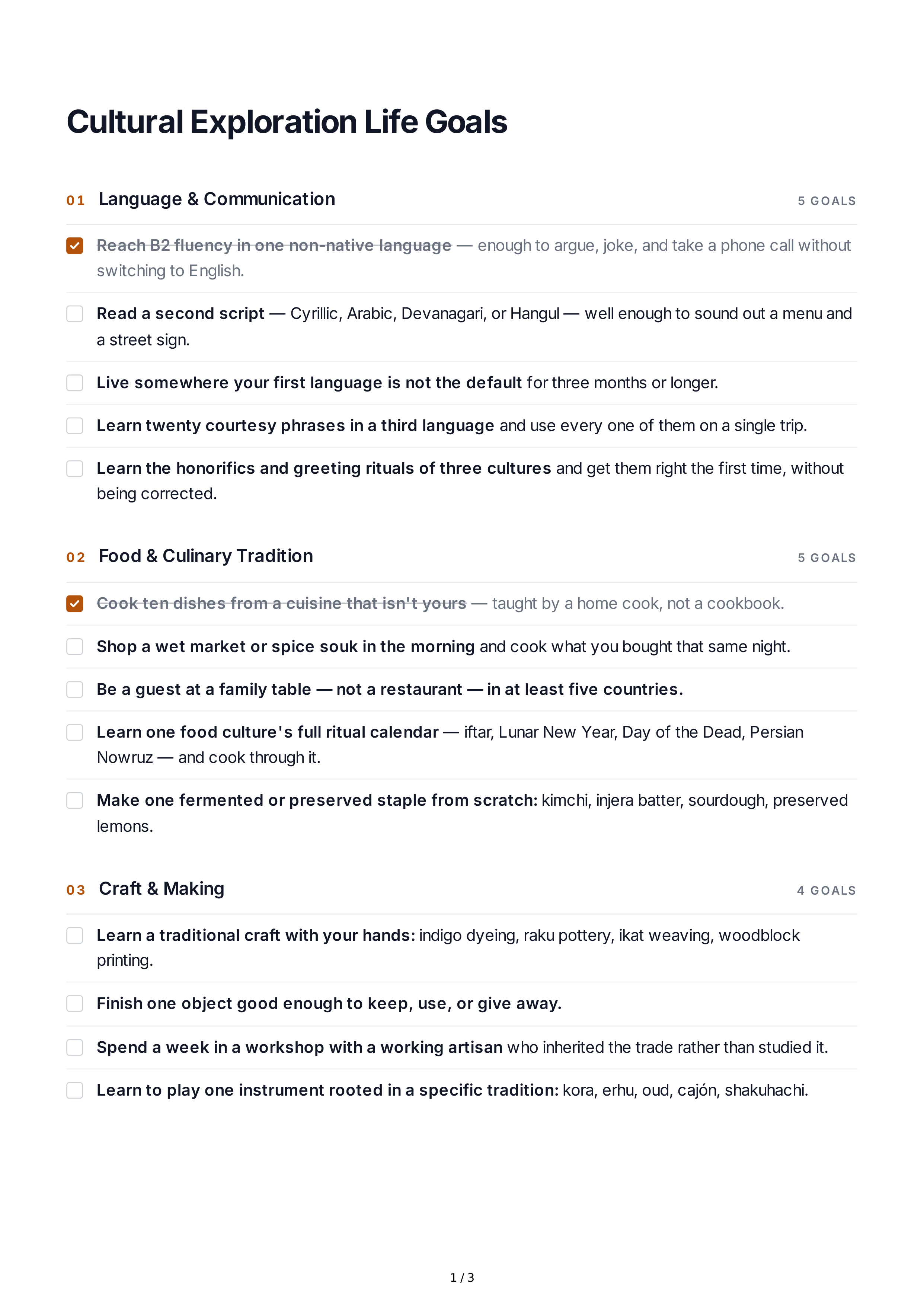 Cultural Exploration Life Goals — page 1