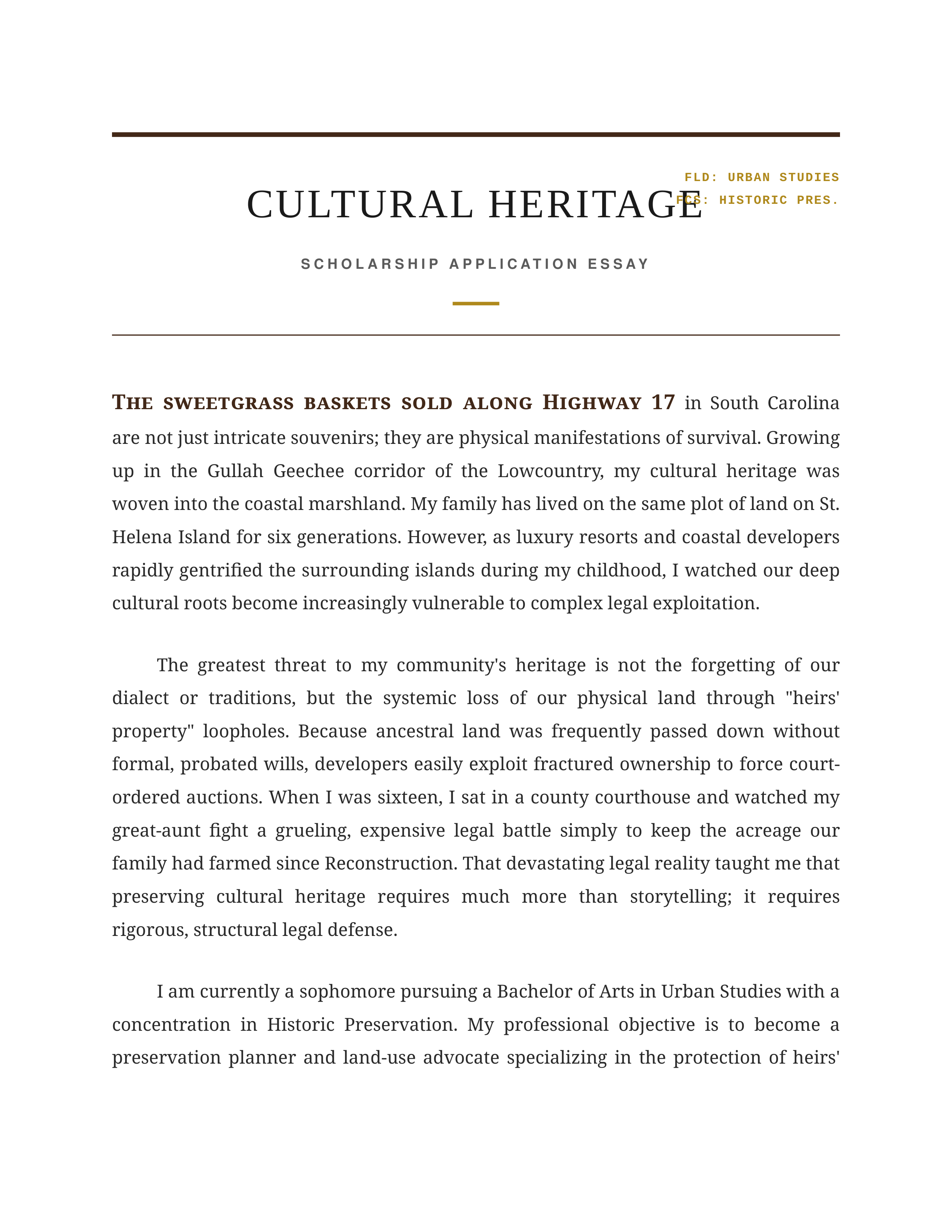 Cultural Heritage Scholarship Essay — page 1
