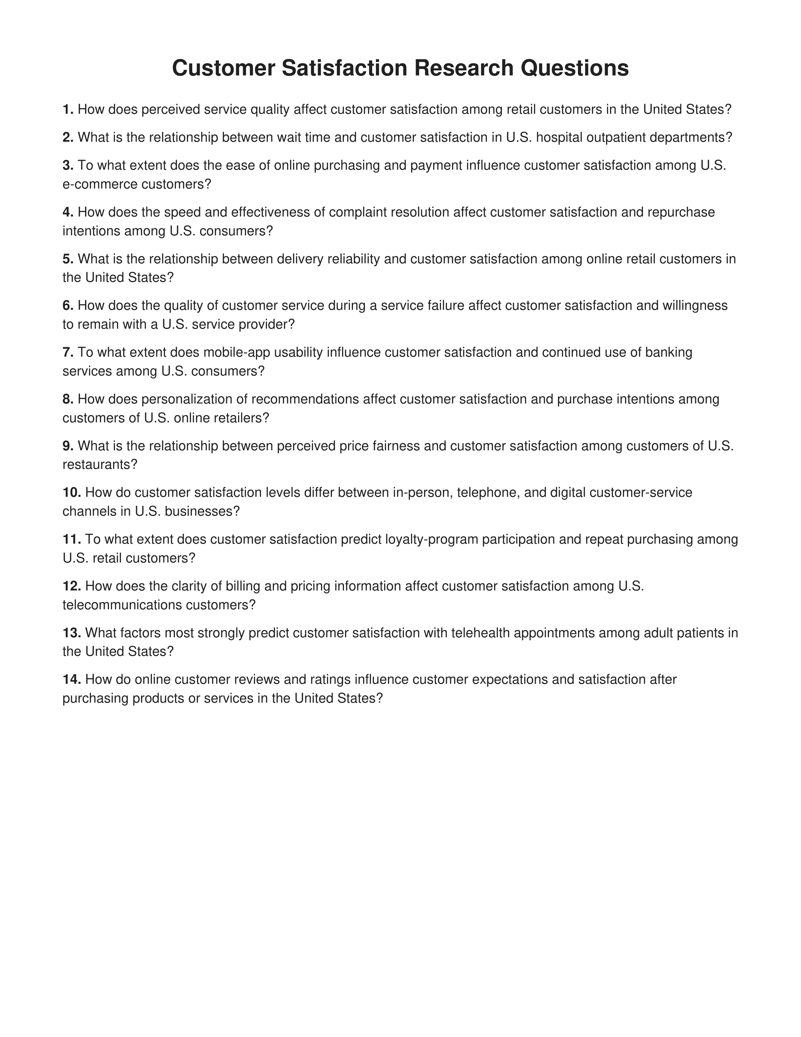 Customer Satisfaction Research Questions — page 1