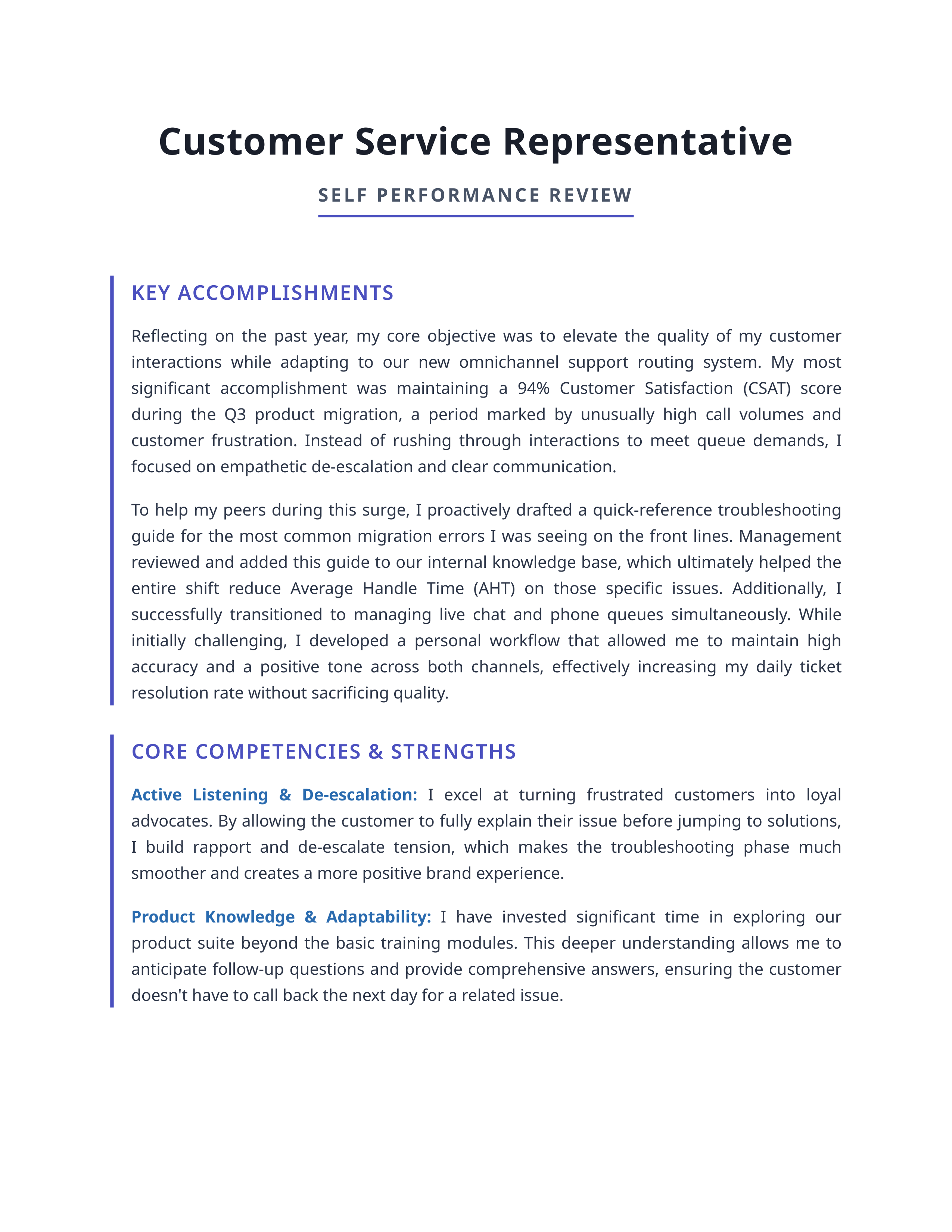 Customer Service Representative Self Performance Review — page 1