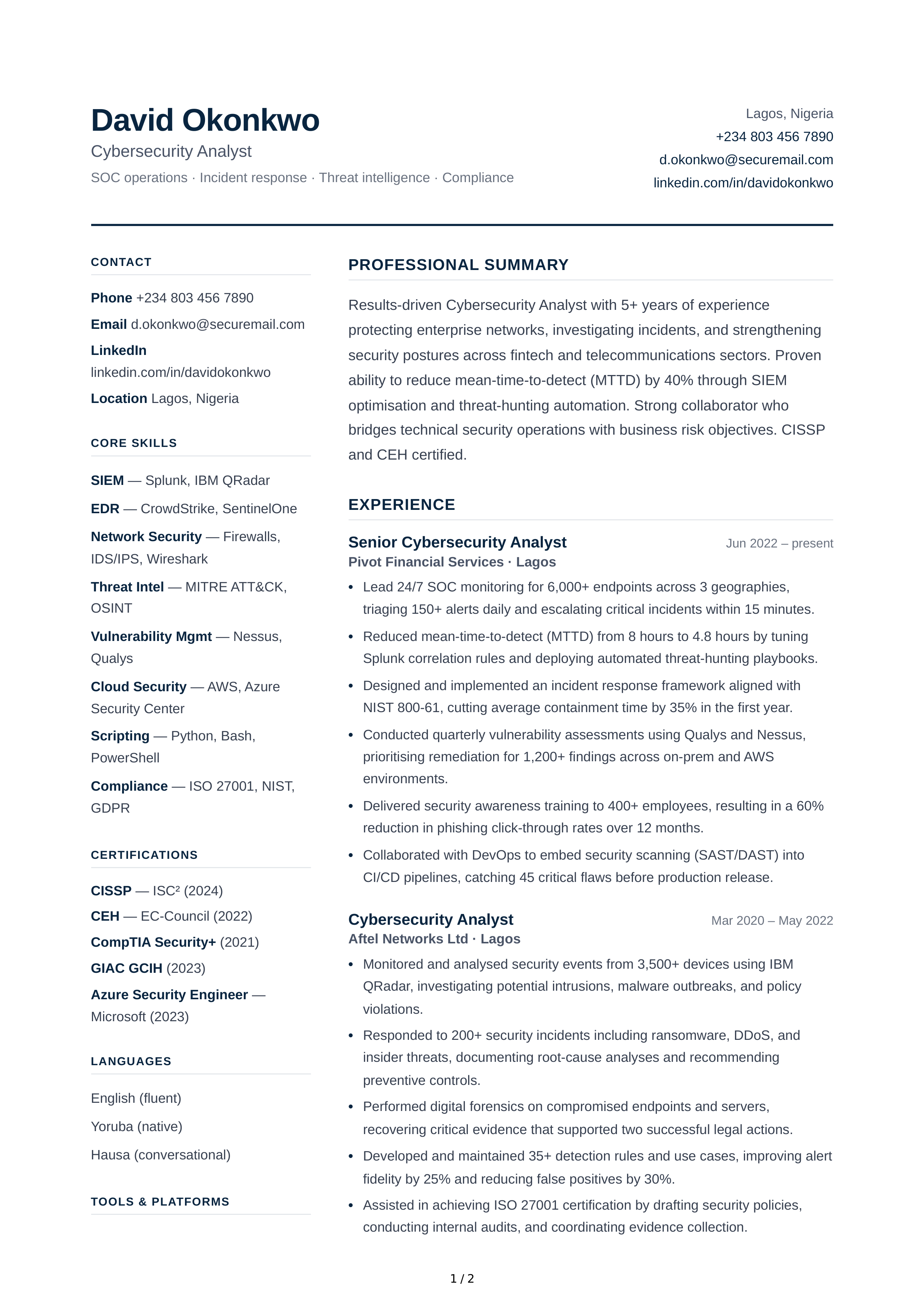 Cybersecurity Analyst CV — page 1