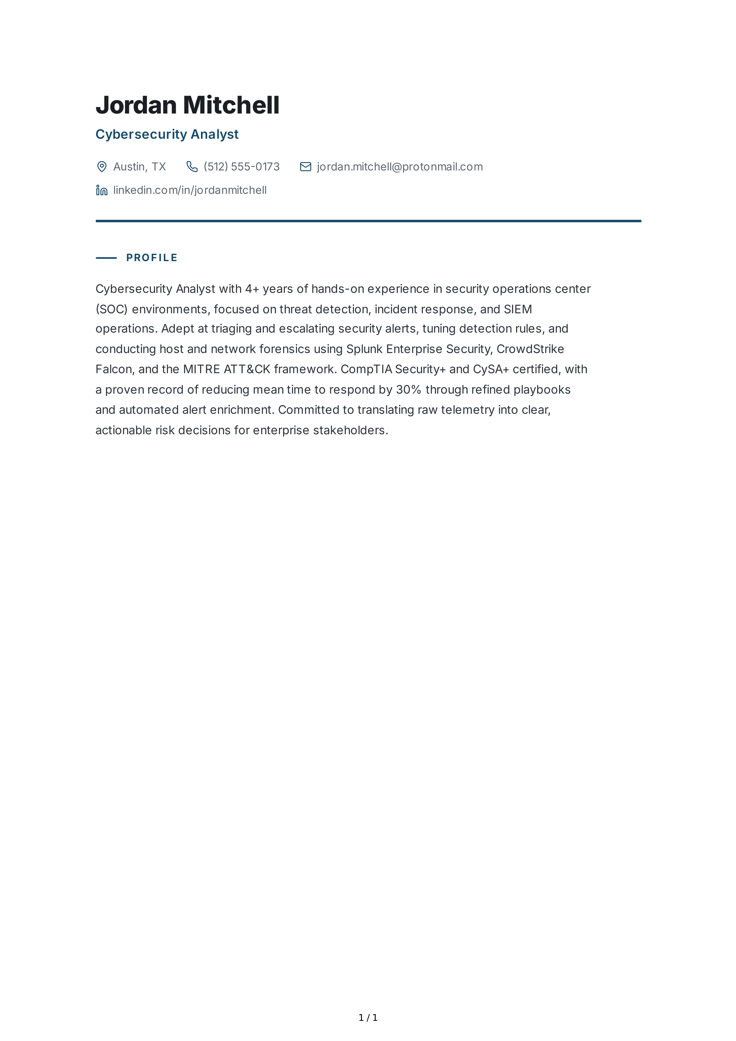 Cybersecurity Analyst Resume Profile — page 1