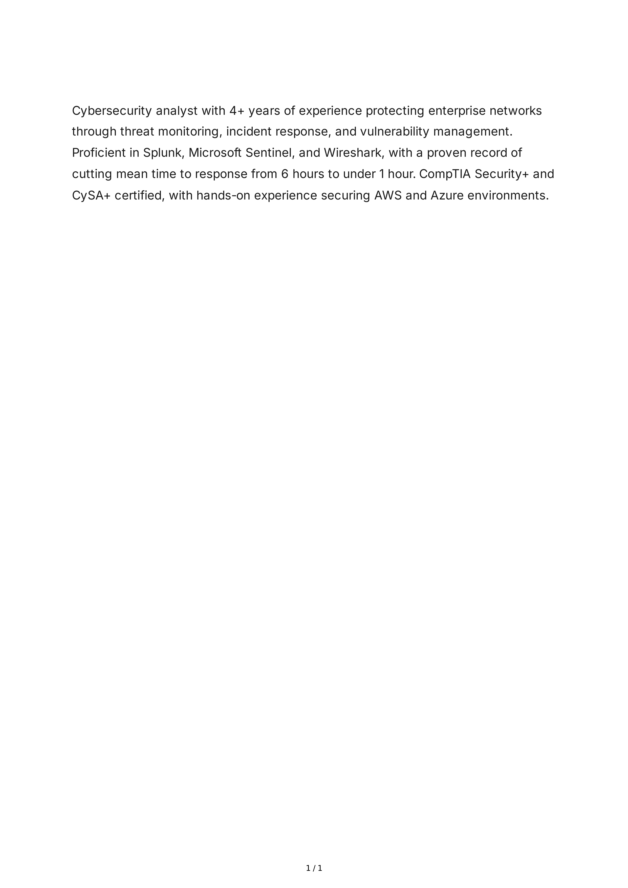 Cybersecurity Analyst Resume Summary — page 1