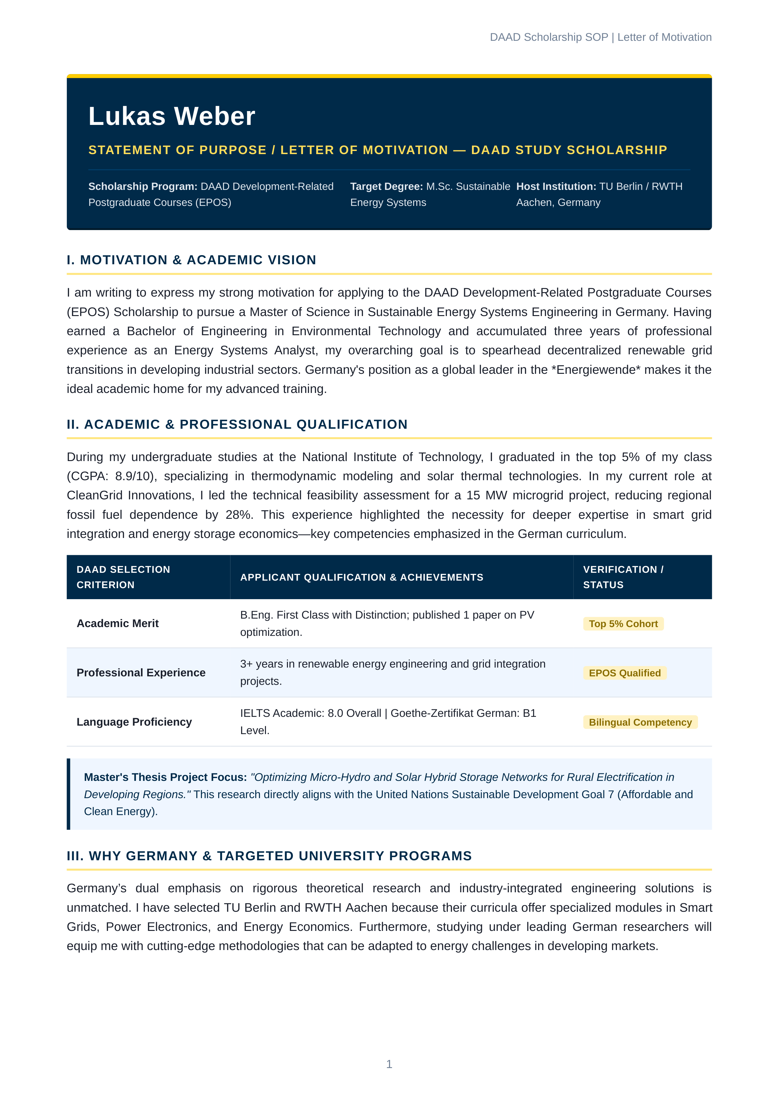 DAAD Scholarship Statement of Purpose — page 1
