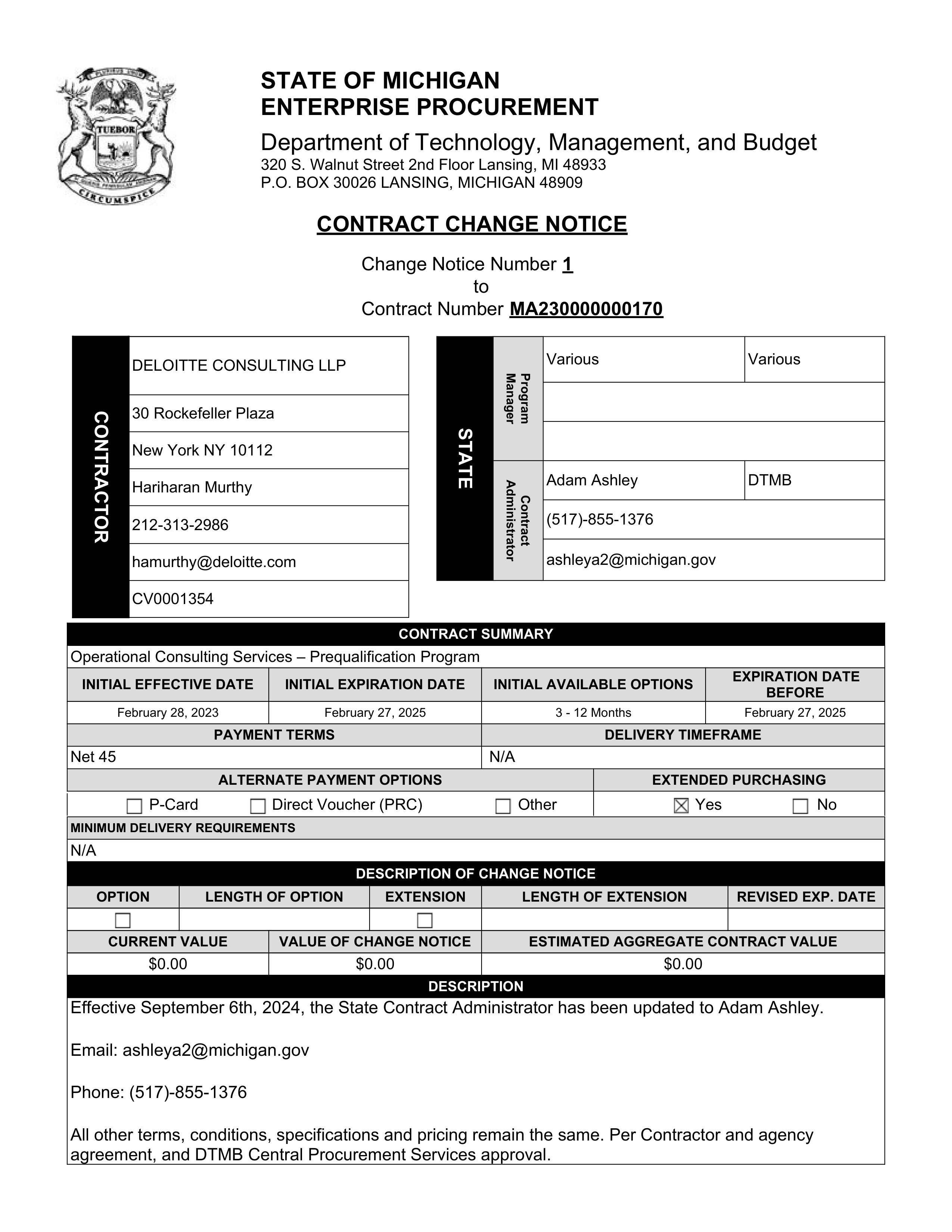 DELOITTE CONTRACT CHANGE NOTICE — page 1