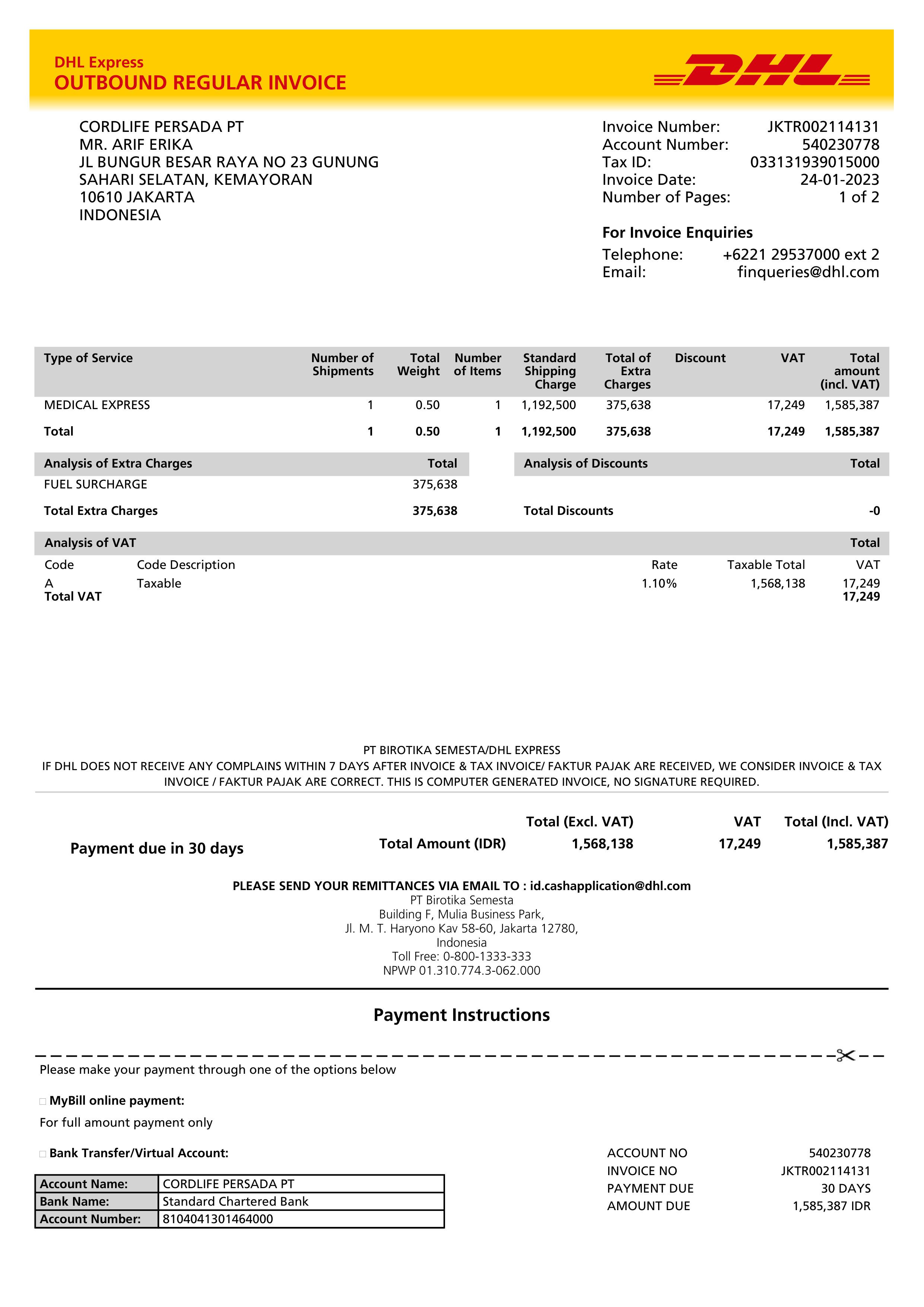 DHL Express Outbound Regular Invoice — page 1
