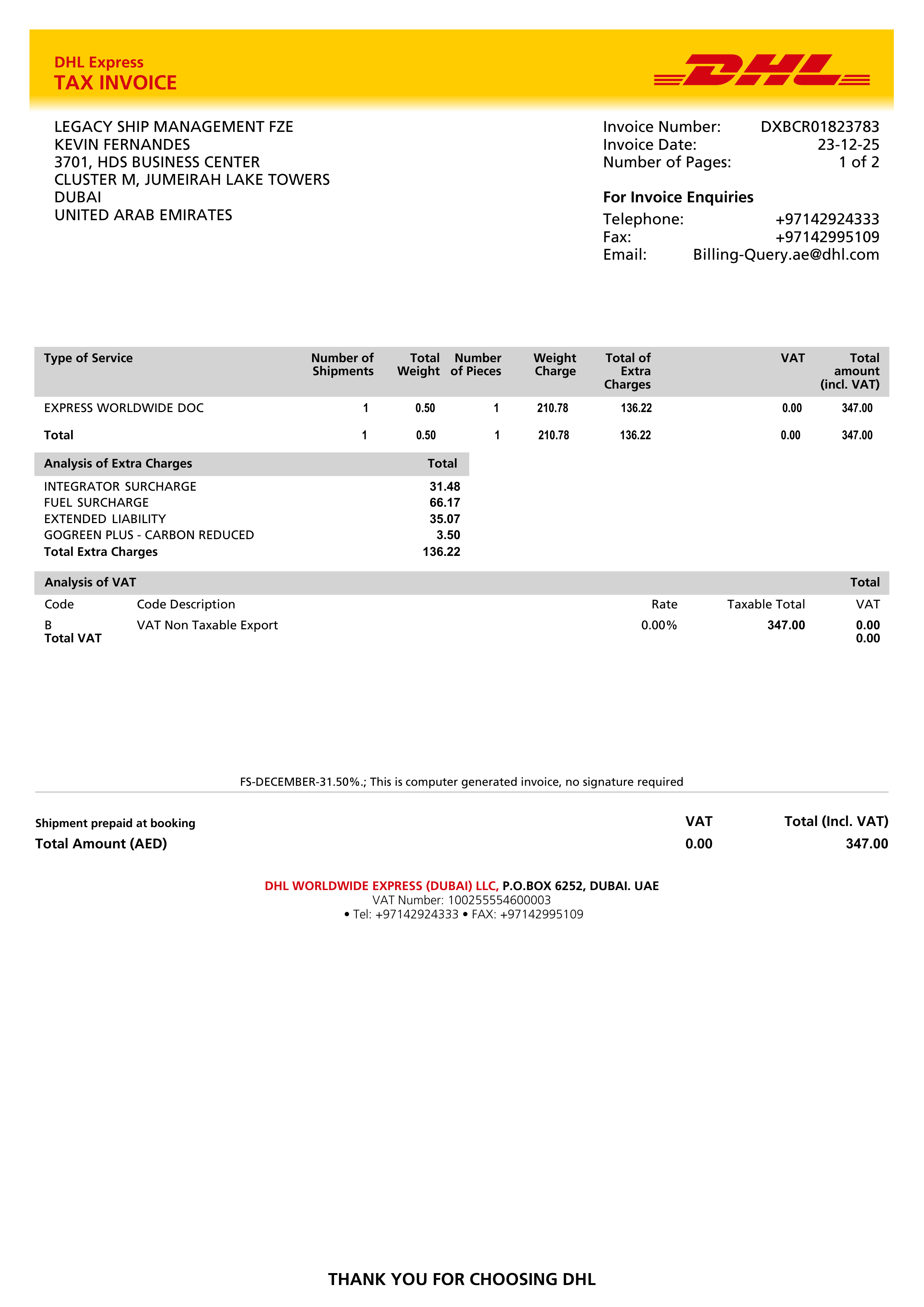 DHL Express Tax Invoice — page 1