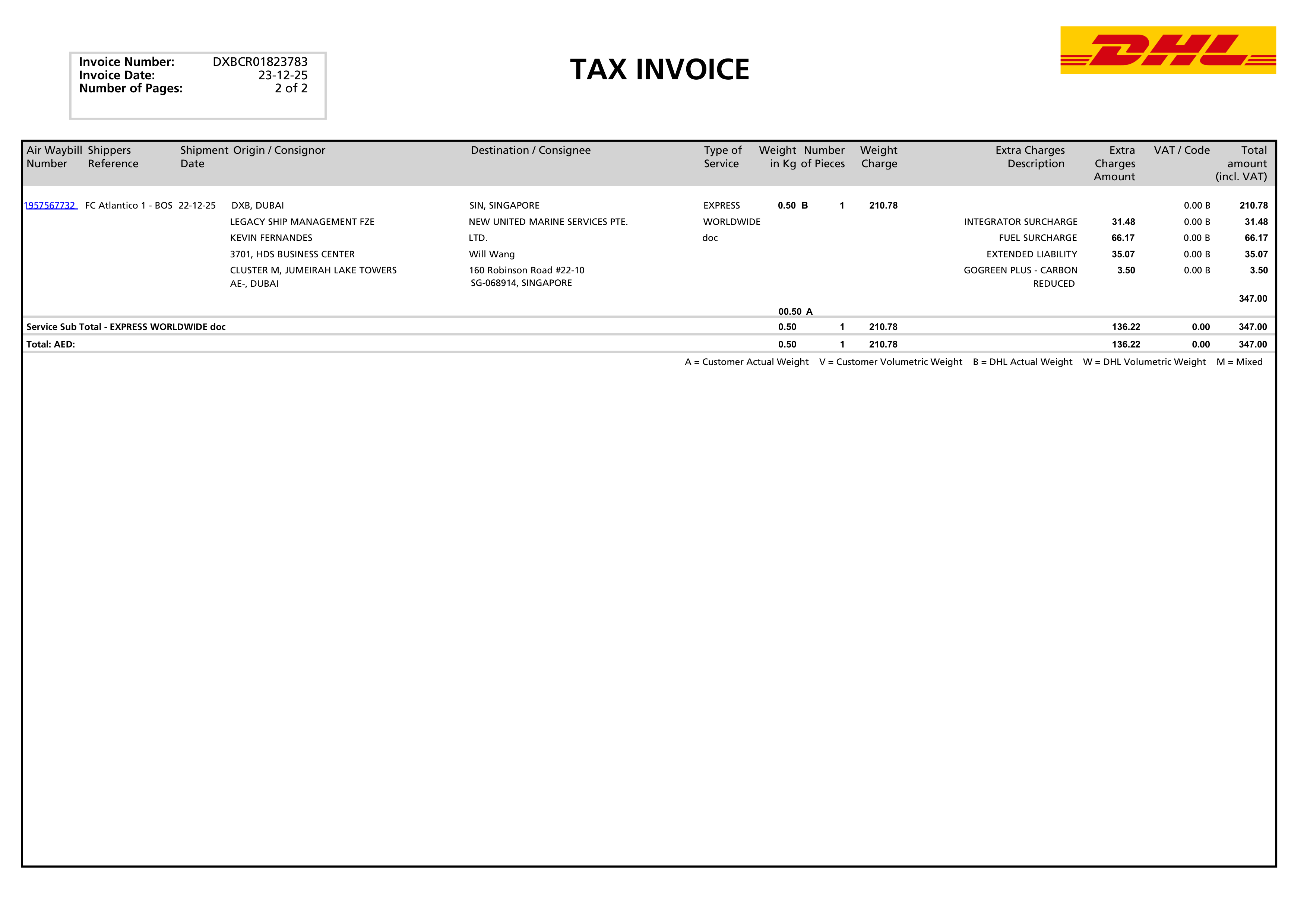DHL Express Tax Invoice — page 2